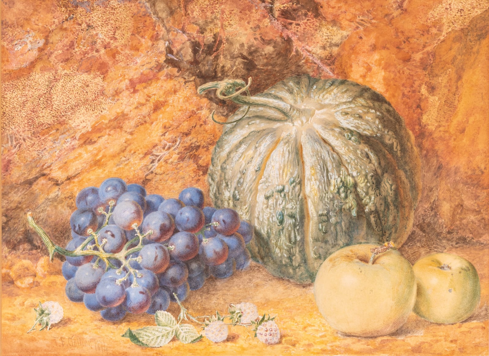 Thomas Frederick Collier, Still Life of Grapes, Raspberries, Pumpkin and Apples