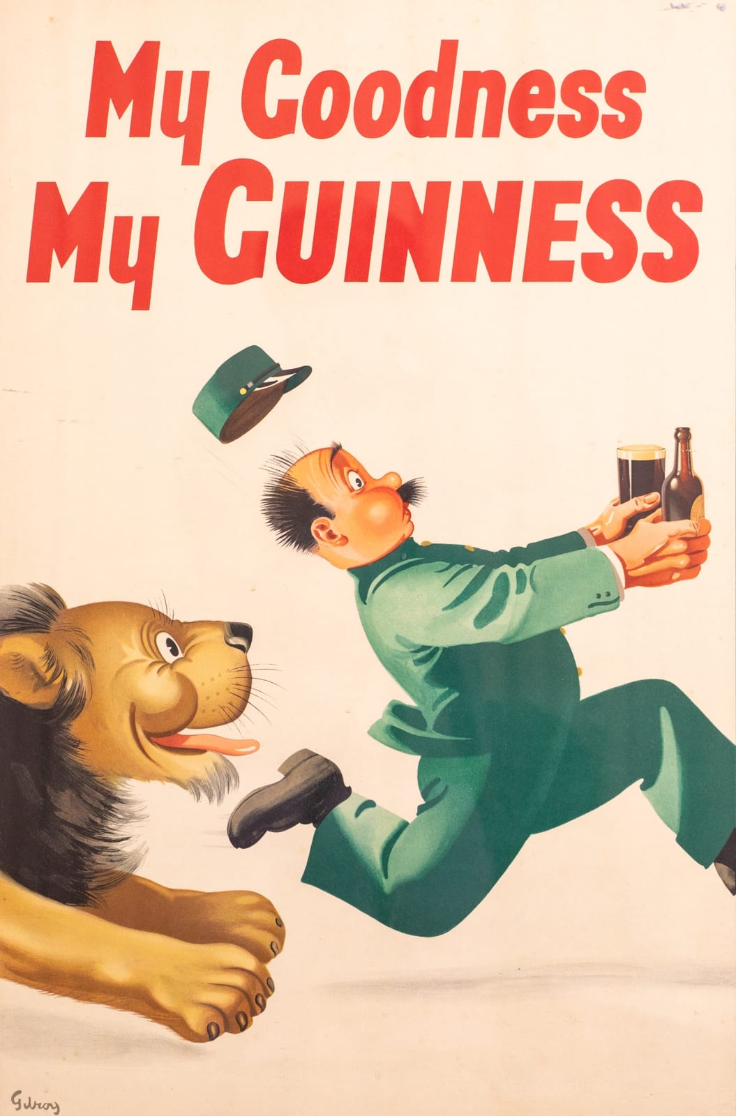 Original vintage Guinness advertising poster by John Thomas Young Gilroy, My Goodness My Guinness: Zoo Lion and Keeper, 1937