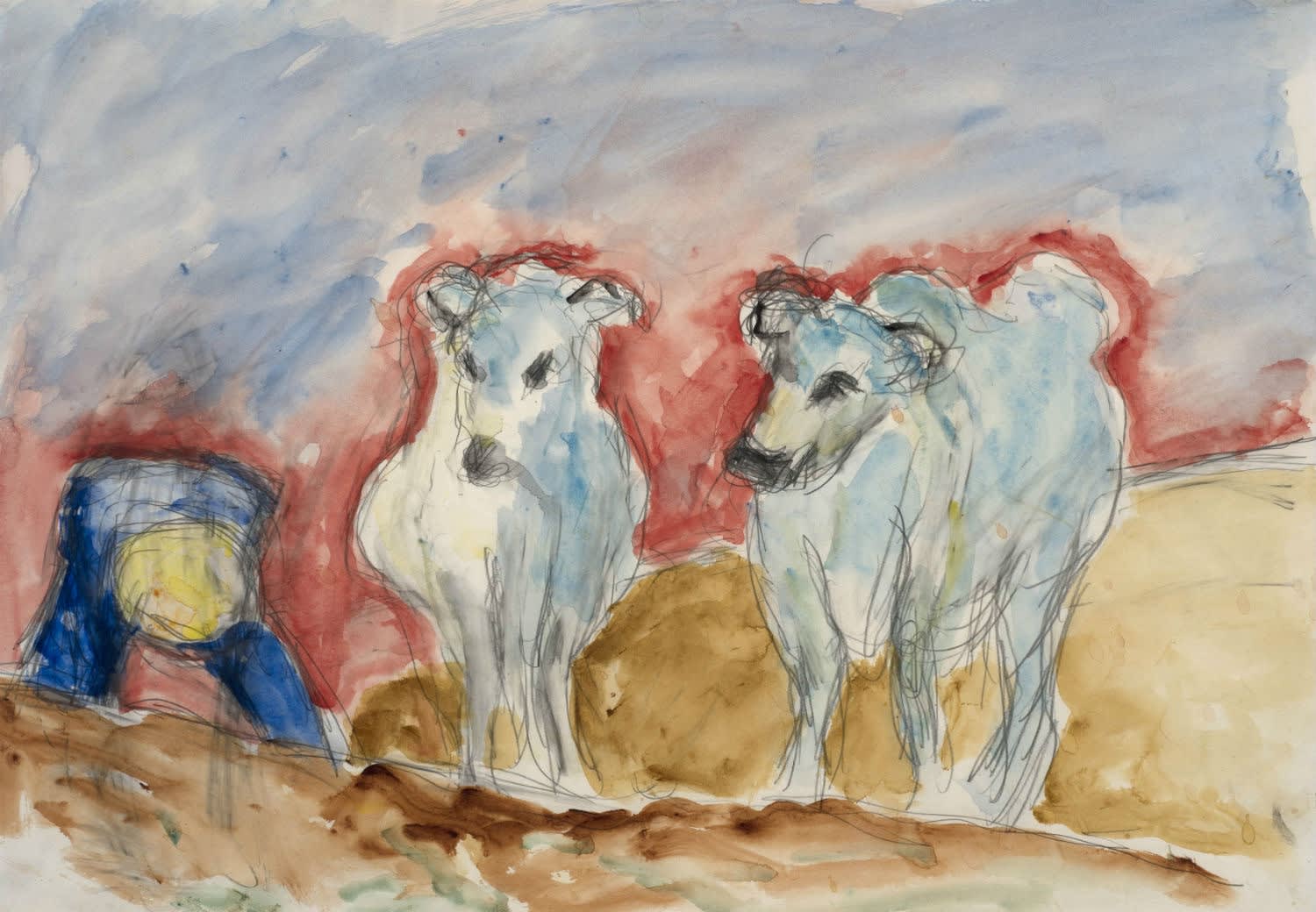 Henryk Gotlib (1890-1966) Two Oxen and Man in Yellow Hat, Stooping 1964 Watercolour on paper 35 x 50 cm Ben Uri Collection © The estate of Henryk Gotlib To see and discover more about this artist click here
