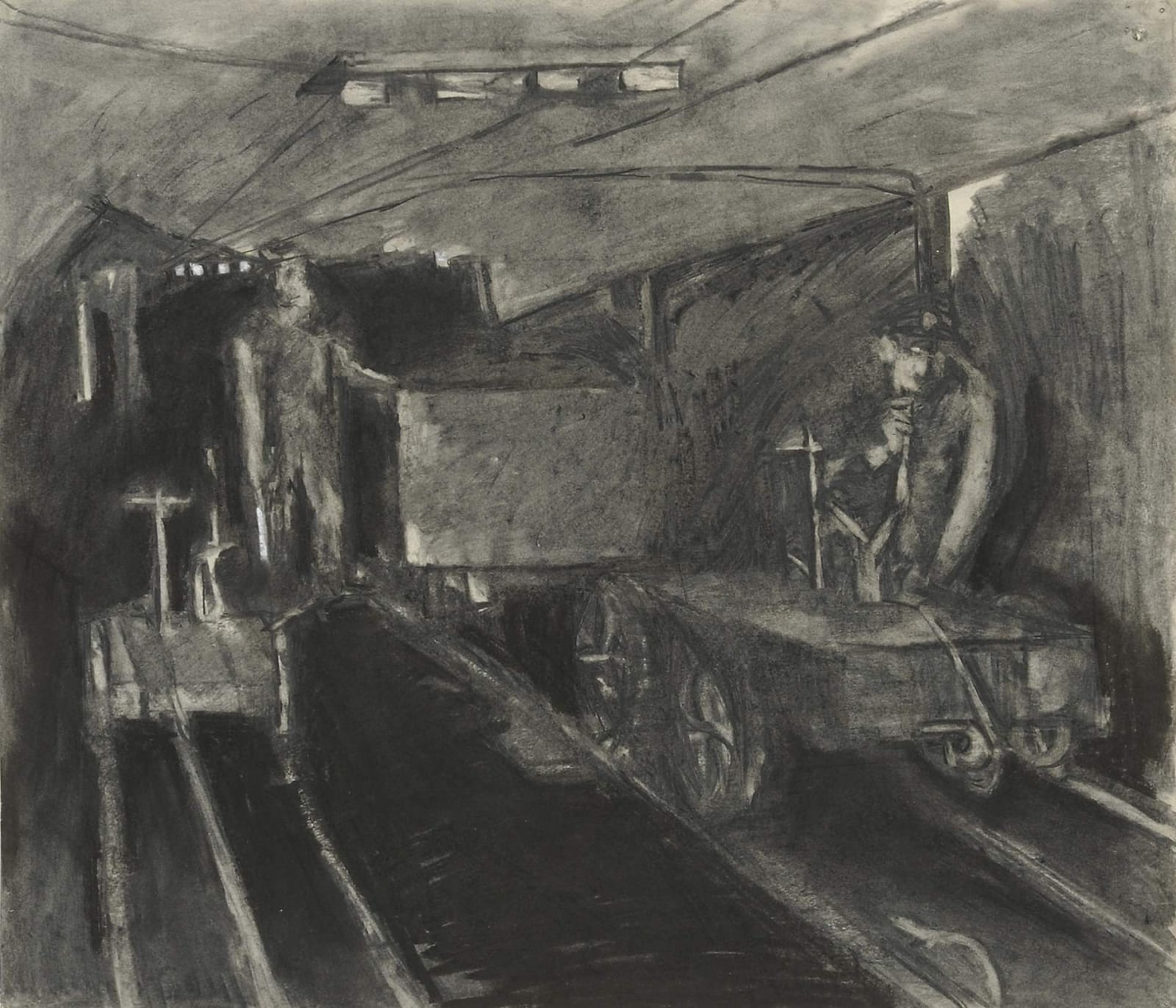 Sheila Fell (1931-1979) In a Mine c.1955 Charcoal on paper 55.1 x 63 cm Tullie House Museum and Gallery To see and discover more about this artist click here