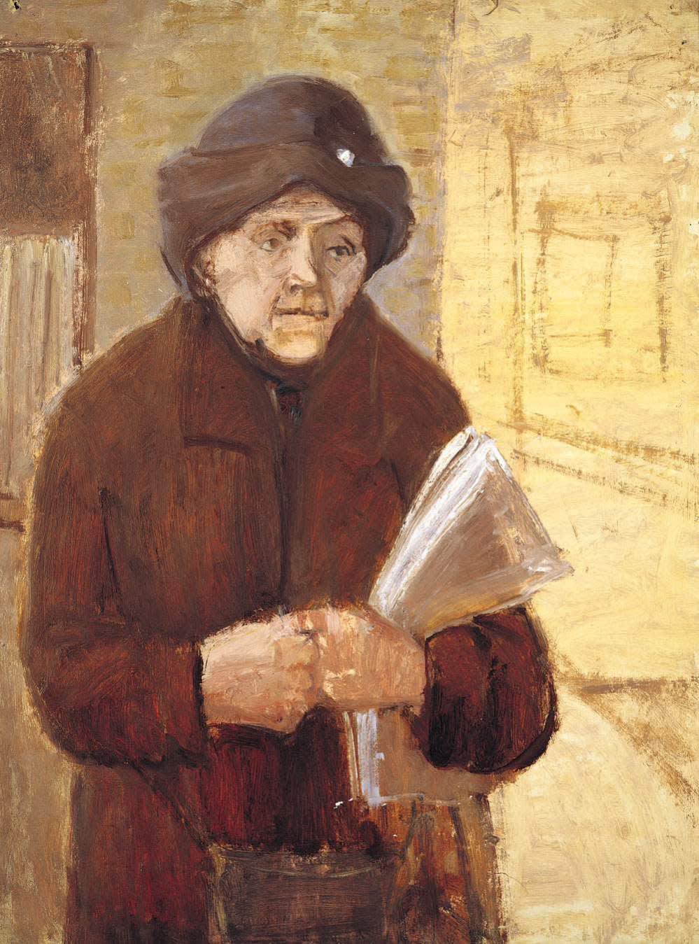 Eva Frankfurther (1930-1959) Newspaper Seller c.1955 Oil on paper 74 x 56 cm Private Collection To see and discover more about this artist click here