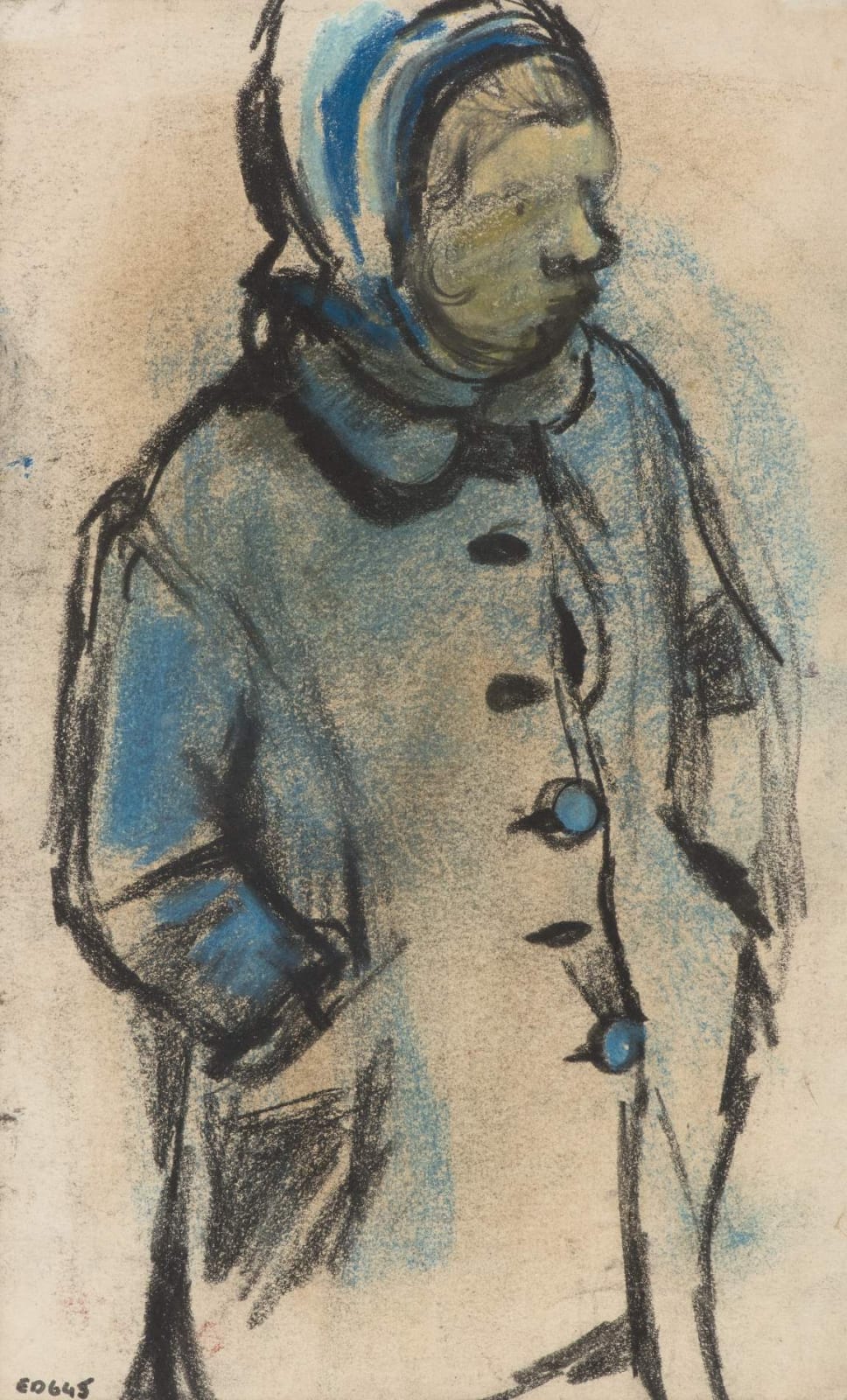 Joan Eardley (1921-1963) Girl in Blue, Winter n.d. Charcoal and crayon on paper 22.23 x 13.97 cm Private Collection, London To see and discover more about this artist click here