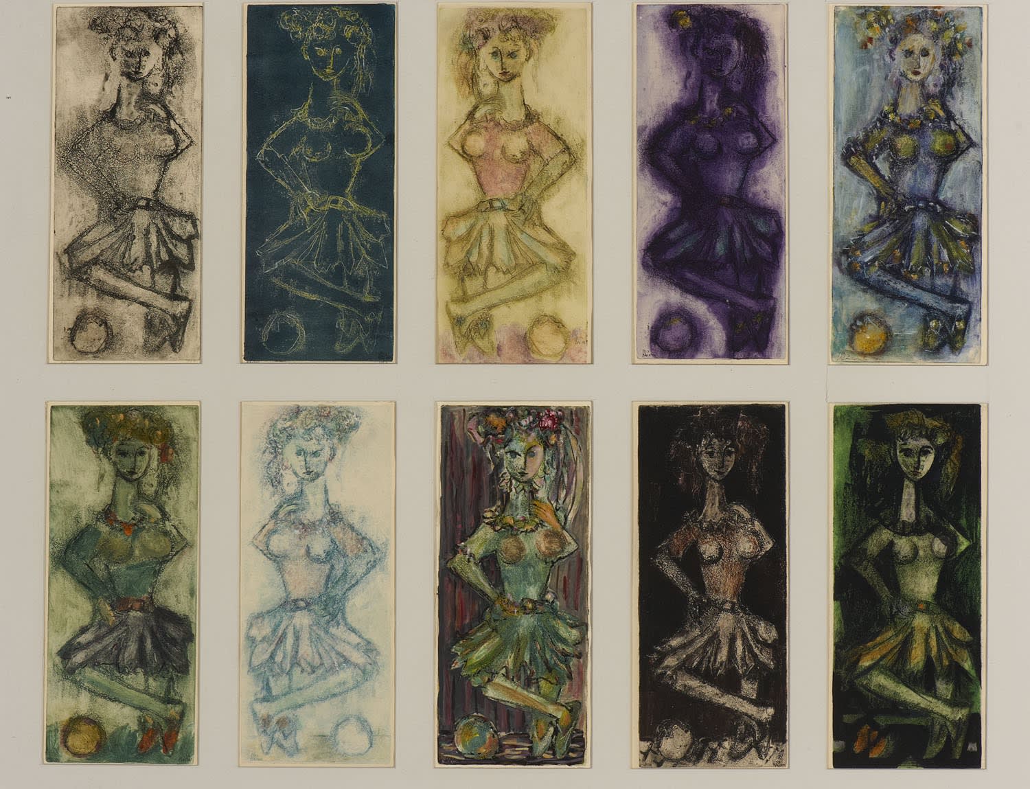 Yehuda Bacon (1929-) Variations on a Theme (10 coloured etchings) 1957 Coloured etchings on paper 24.6 x 10.1 cm Ben Uri Collection © Yehuda Bacon