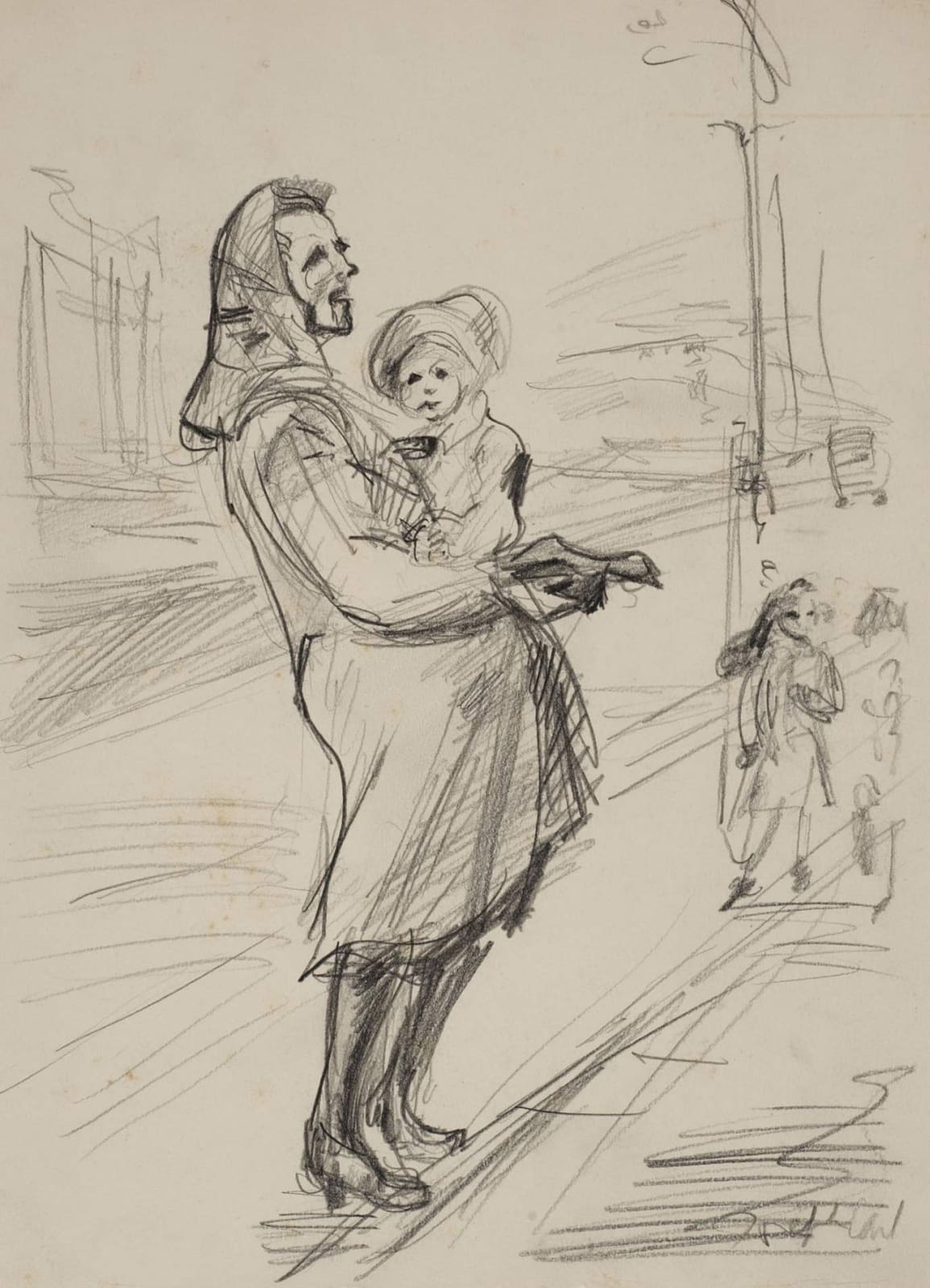Joseph Carl (1906-1993) Beggar Woman on Liffey Bridge Dublin n.d. Pencil on paper 38 x 28 cm Ben Uri Collection © Joseph Carl estate To see and discover more about this artist click here