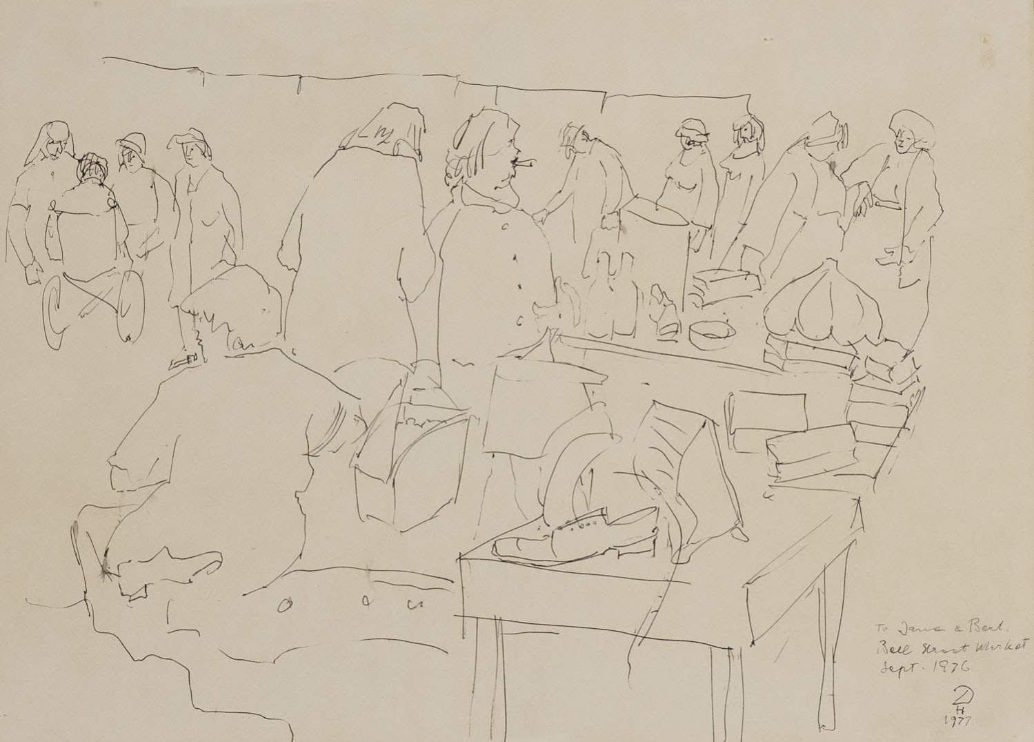 Hugo Dachinger (1908-1995) Bell Street Market 1977 Pen and ink on paper 28 x 39 cm Ben Uri Collection © Hugo Dachinger estate To see and discover more about his artist click here