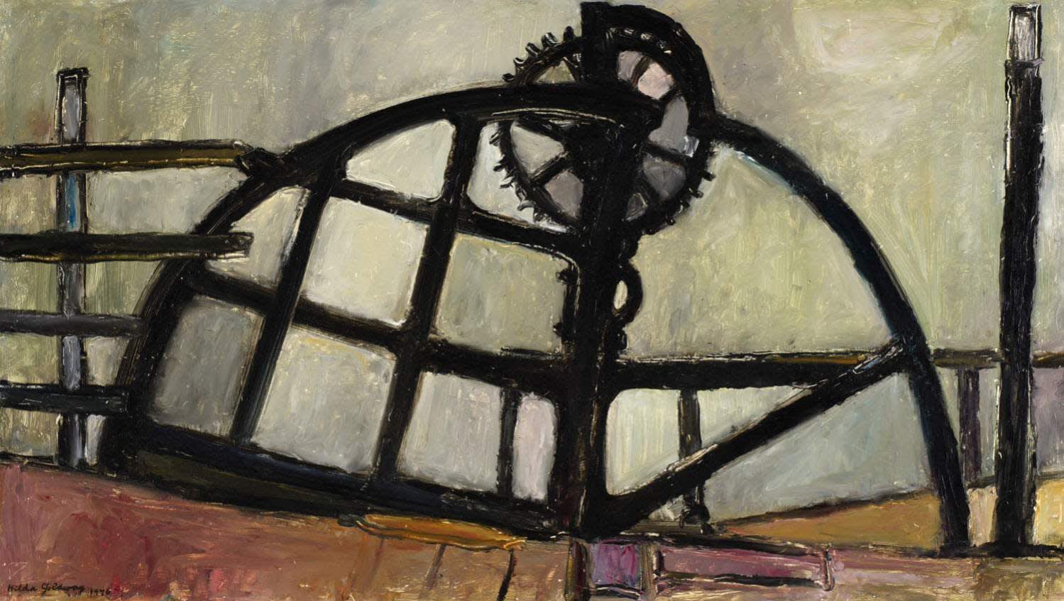Hilda Goldwag (1912-2008) The Wheel 1976 Oil on board 60 x 105.9 cm Ben Uri Collection © Hilda Goldwag estate To see and discover more about this artist click here