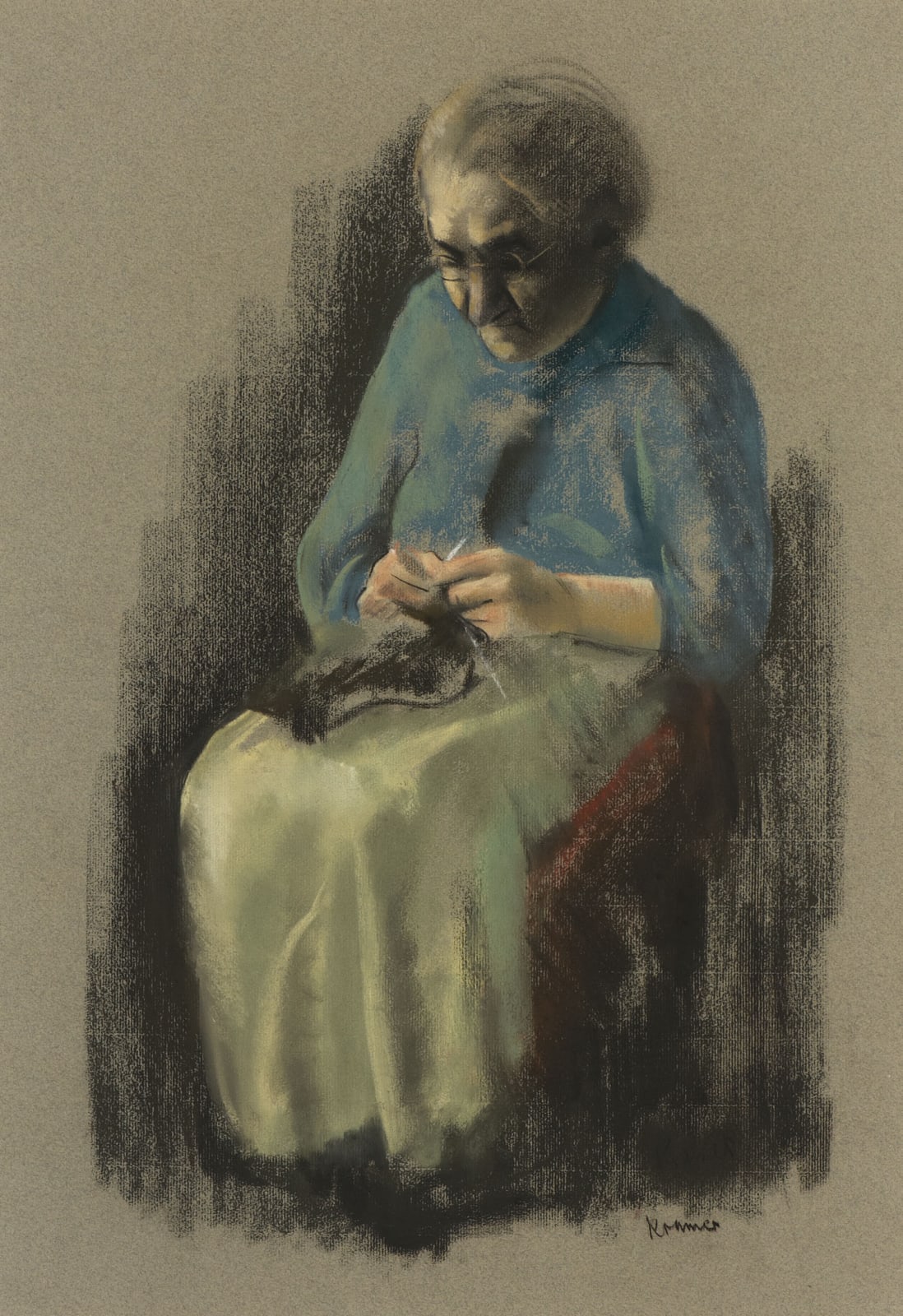Jacob Kramer (1892-1962) Old Woman Knitting n.d. Pastel on paper 55.5 x 39 cm Ben Uri Collection © The William Roberts Society, London
