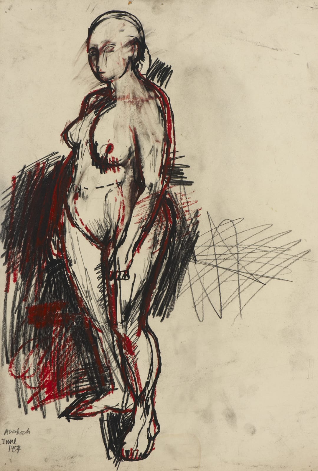 Frank Auerbach (1931-) Nude Standing 1954 Pencil and red crayon on paper 55 x 37.6 cm Ben Uri Collection © Frank Auerbach, courtesy Marlborough Fine Art To see and discover more about this artist click here