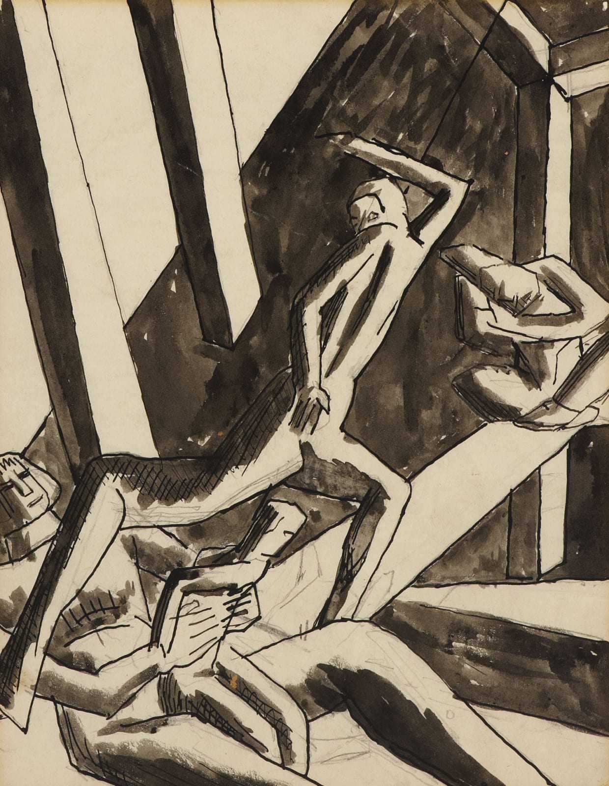 David Bomberg (1890-1957) The Family (Study for Ghetto Theatre II) 1919 Pencil, ink and wash on paper 25.4 x 19.7 cm Ben Uri Collection © David Bomberg estate To see and discover more about this artist click here