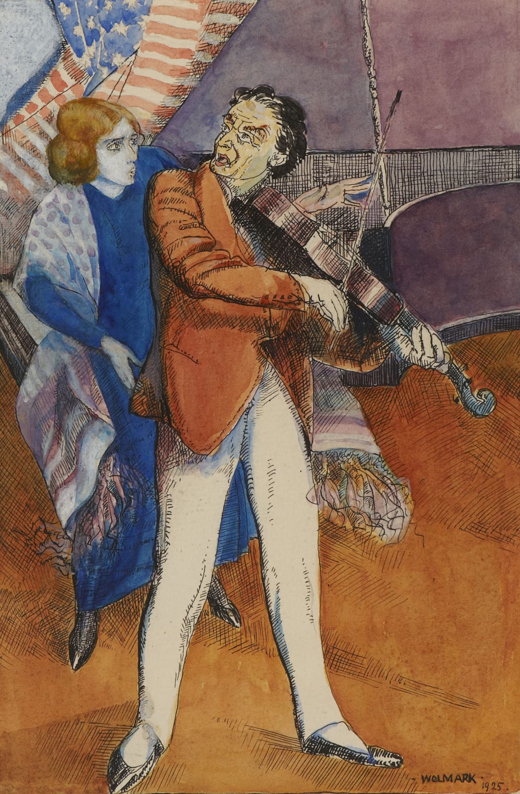 Alfred Wolmark (1877-1961) The Broken String - The Melting Pot (Vol. 12 from Fourteen Illustrations to the works of Israel Zangwill) 1925 Watercolour, pen and ink on paper 20 x 13.5 cm Ben Uri Collection © Alfred Wolmark estate To see and discover more about this artist click here