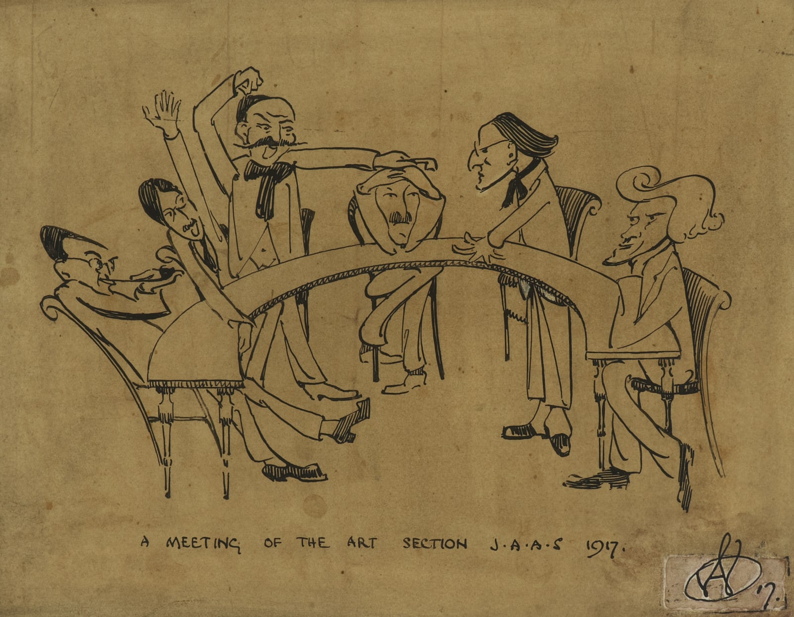 Alfred Adrian Wolfe (1891-1975) The Arts Committee Meeting 1917 Pen and ink on paper 17.3 x 22.4 cm Ben Uri Collection © The estate of Alfred Adrian Wolfe To see and discover more about this artist click here