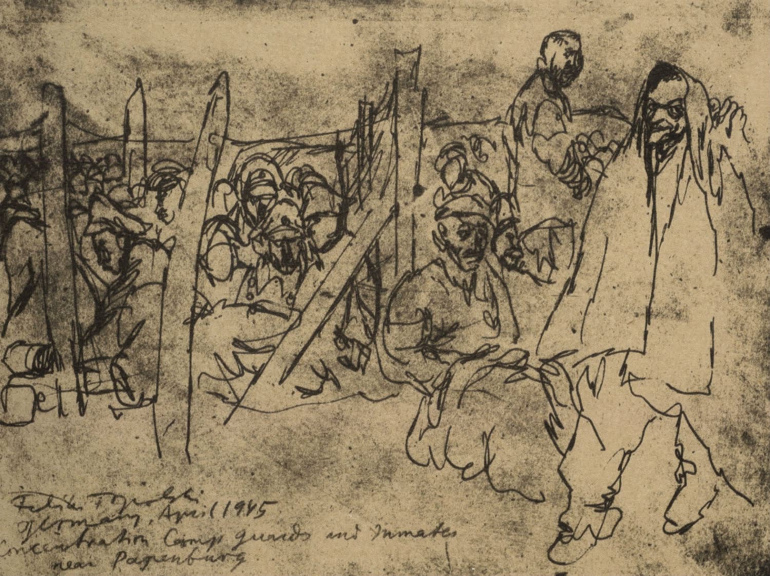 Feliks Topolski (1907-1989) Camp Guards and Inmates after Liberation 1945 Print on paper 14.3 x 19.2 cm Ben Uri Collection © Feliks Topolski estate To see and discover more about this artist click here