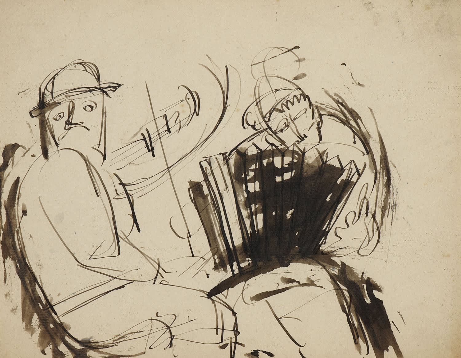 Josef Herman (1911-2000) Musicians (from 'A Memory of Memories') 1940-43 Pen and ink and wash on paper 17.1 x 21.6 cm Ben Uri Collection © Josef Herman estate To see and discover more about this artist click here