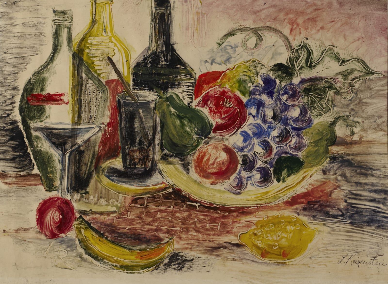 Lottie Reizenstein (1904-1982) Still Life with Fruit and Flowers 1945 Gouache on paper 49.5 x 66 cm Ben Uri Collection © Lotti Reizenstein estate