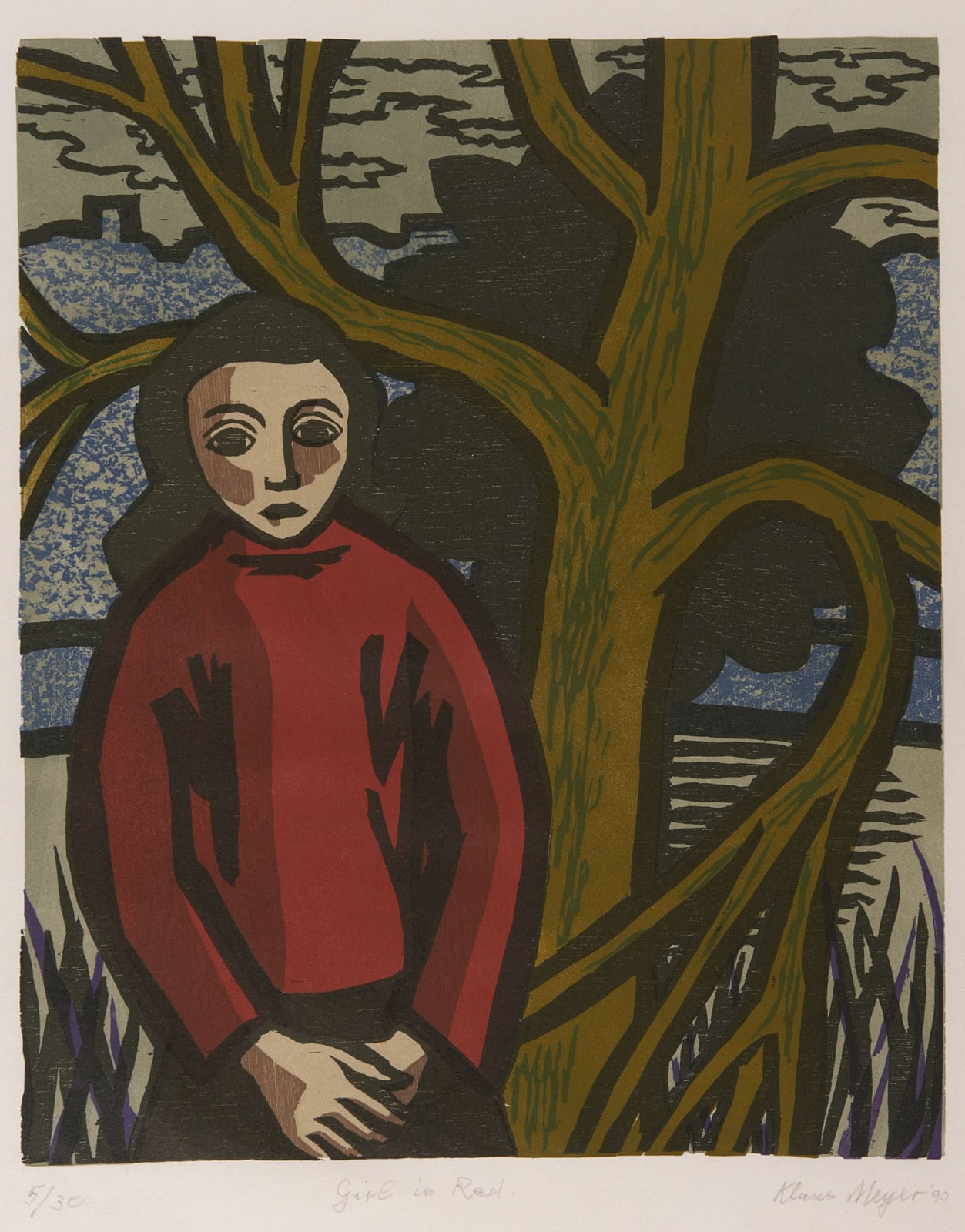 Klaus Meyer (1918-2002) Girl in Red 1990 Woodcut on paper 45 x 36.5 cm Ben Uri Collection © Klaus Meyer estate To see and discover more about this artist click here