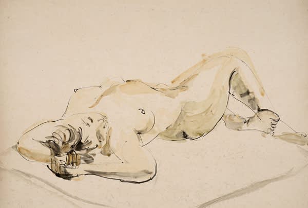 Paul Hamann (1891-1973) Reclining Female Nude, Lying on Divan on Back, Arms Behind Head (Series: Twenty-two Life Drawings) c.1960s Pen and ink and watercolour on paper Ben Uri Collection © Paul Hamann estate To see and discover more about this artist click here