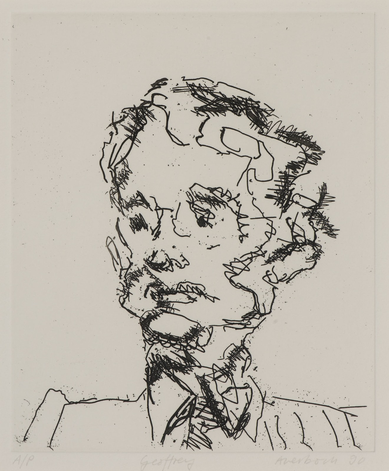Frank Auerbach (1931-) Geoffrey, Series: Part of Seven Portraits 1990 Etching, printed on Somerset white paper, artist's proof outside the published edition of 50 19.5 x 16.5 cm Ben Uri Collection © Frank Auerbach, courtesy Marlborough Fine Art To see and discover more about this artist click here