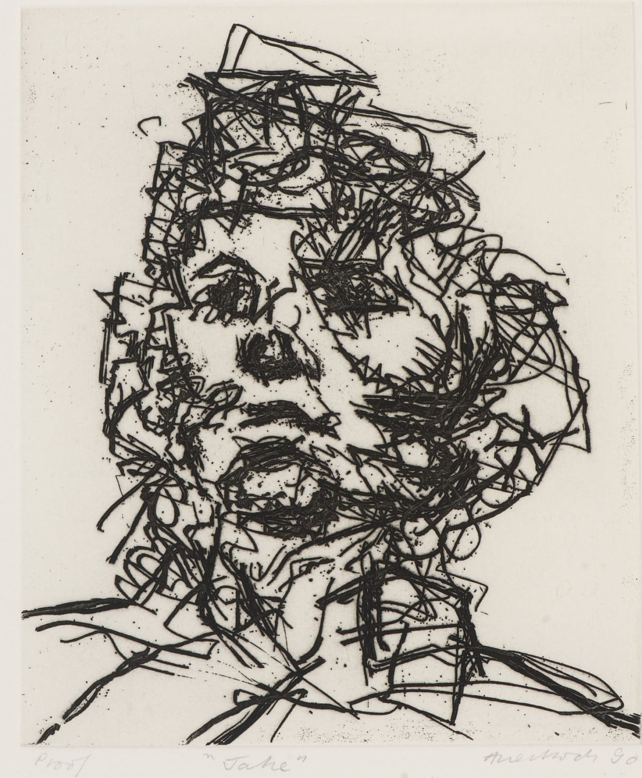 Frank Auerbach (1931-) Jake, Series: Part of Seven Portraits 1990 Etching, printed on Somerset white paper, artist's proof outside the published edition of 50 20 x 16.5 cm Ben Uri Collection © Frank Auerbach, courtesy Marlborough Fine Art To see and discover more about this artist click here