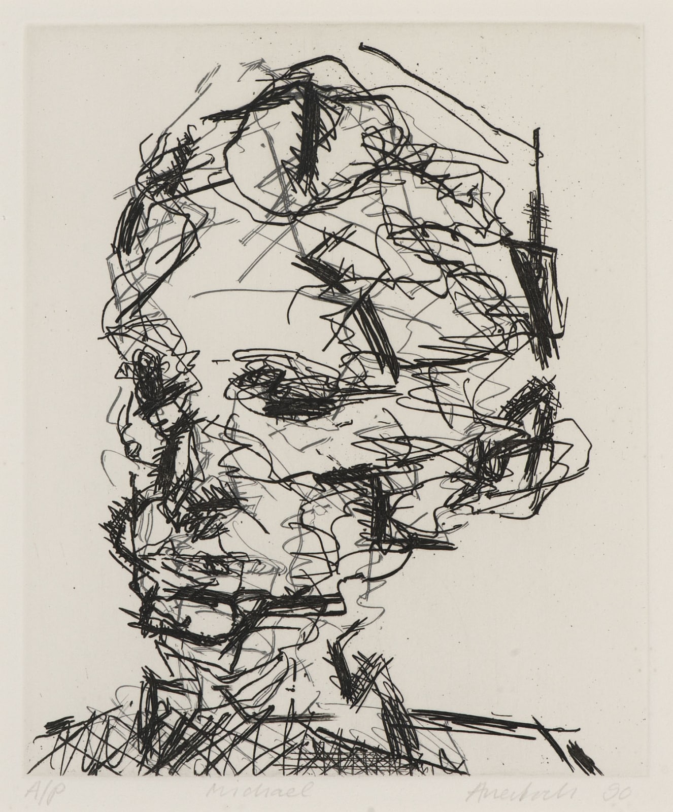 Frank Auerbach (1931-) Michael, Series: Part of Seven Portraits 1990 Etching, printed on Somerset white paper, artist's proof outside the published edition of 50 20 x 16.5 cm Ben Uri Collection © Frank Auerbach, courtesy Marlborough Fine Art To see and discover more about this artist click here
