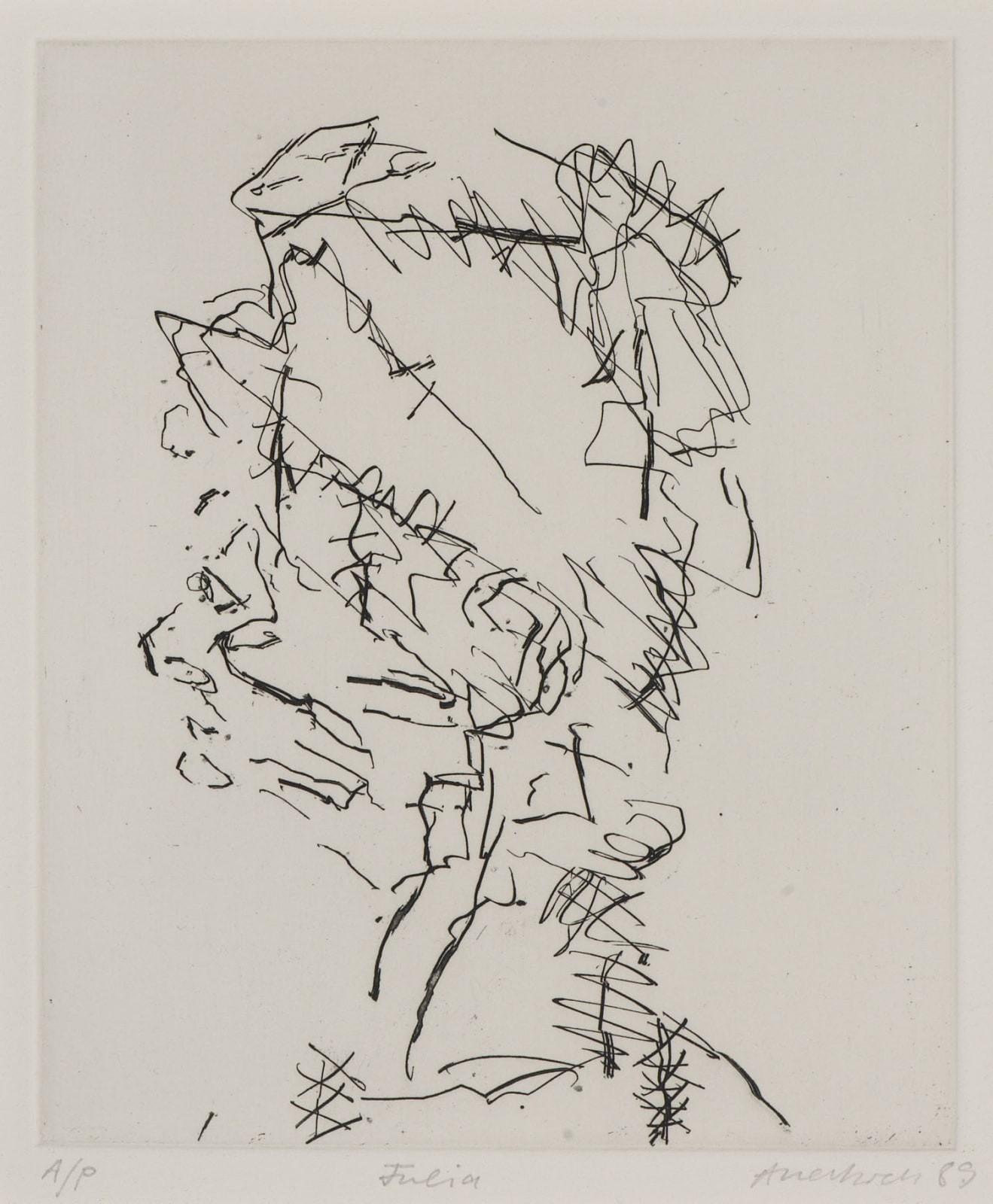 Frank Auerbach (1931-) Julia, Series: Part of Seven Portraits 1989 Etching, printed on Somerset white paper, artist's proof outside the published edition of 50 19.5 x 16.5 cm Ben Uri Collection © Frank Auerbach, courtesy Marlborough Fine Art