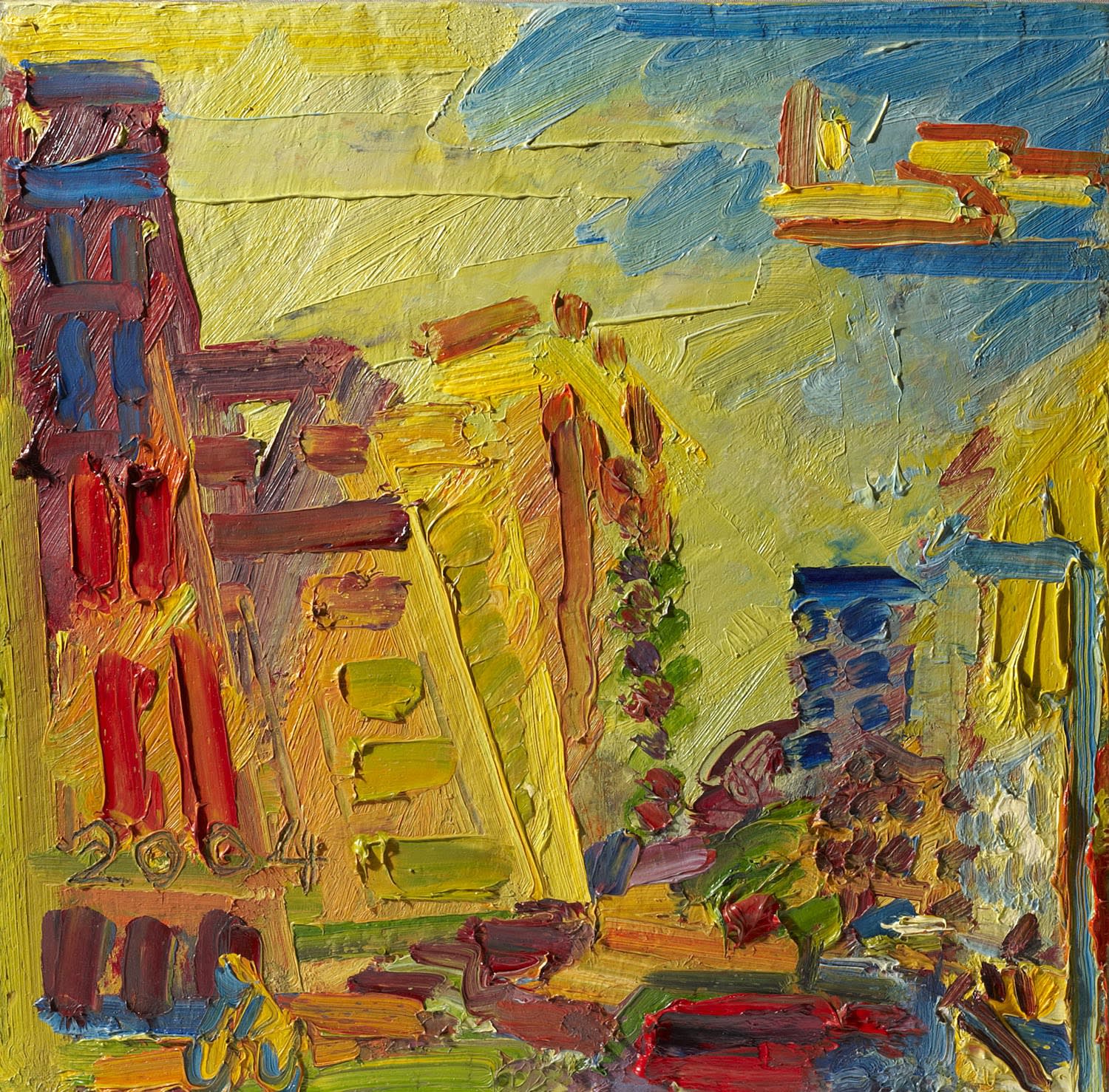 Frank Auerbach (1931-) Mornington Crescent, Summer Morning II 2004 Oil on board 51 x 51 cm Ben Uri Collection © Frank Auerbach, courtesy Marlborough Fine Art To see and discover more about this artist click here