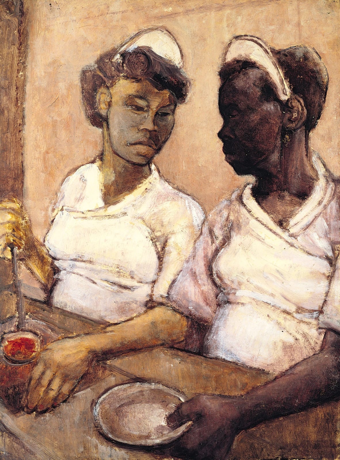 Eva Frankfurther (1930-1959) West Indian Waitresses c.1955 Oil on paper 76 x 55 cm Ben Uri Collection © Eva Frankfurther estate To see and discover more about this artist click here