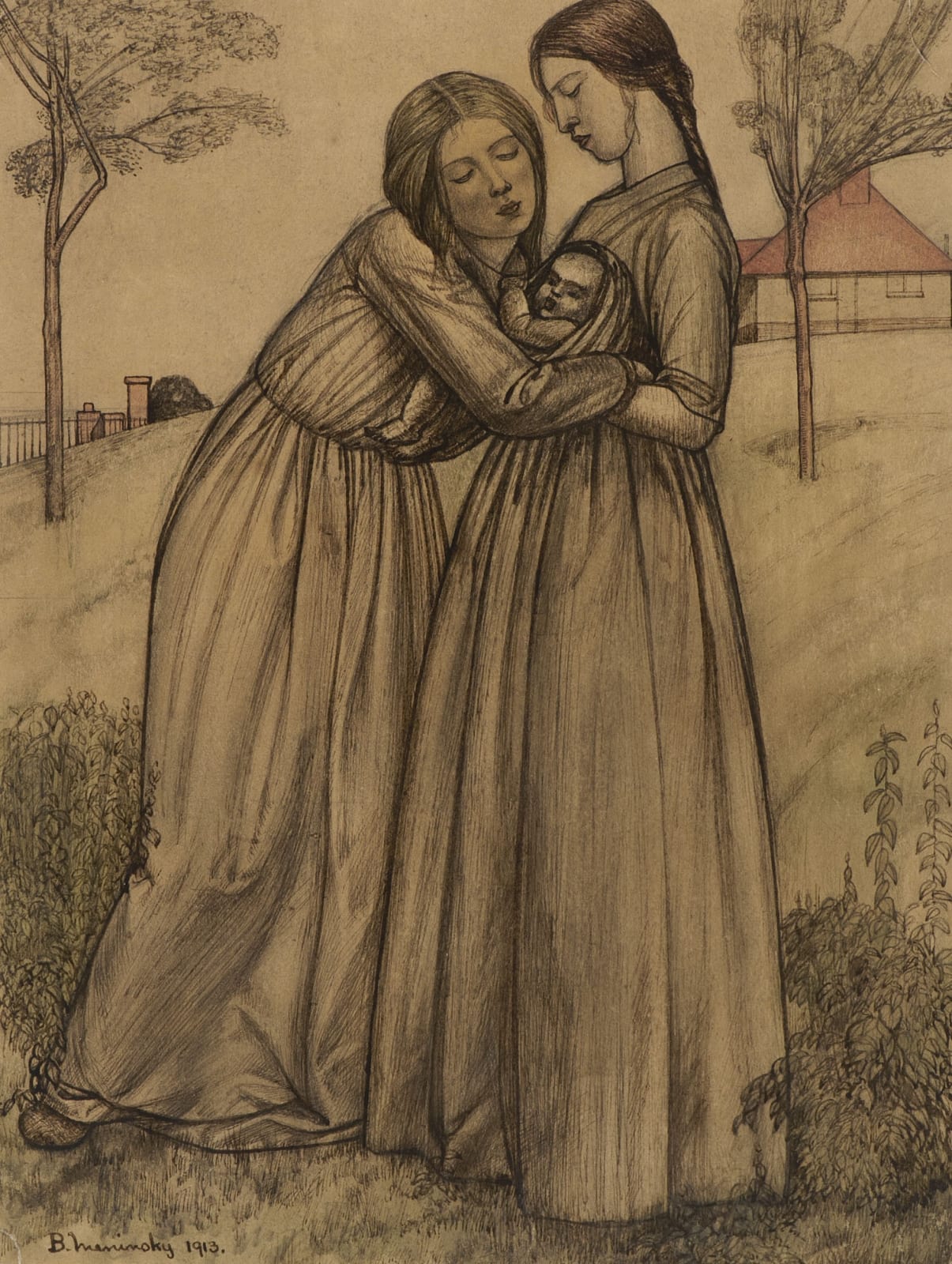 Bernard Meninsky (1891-1950) Two Women and Child 1913 Coloured pencil on paper 31.5 x 24 cm Ben Uri Collection © Philip Meninsky To see and discover more about this artist click here