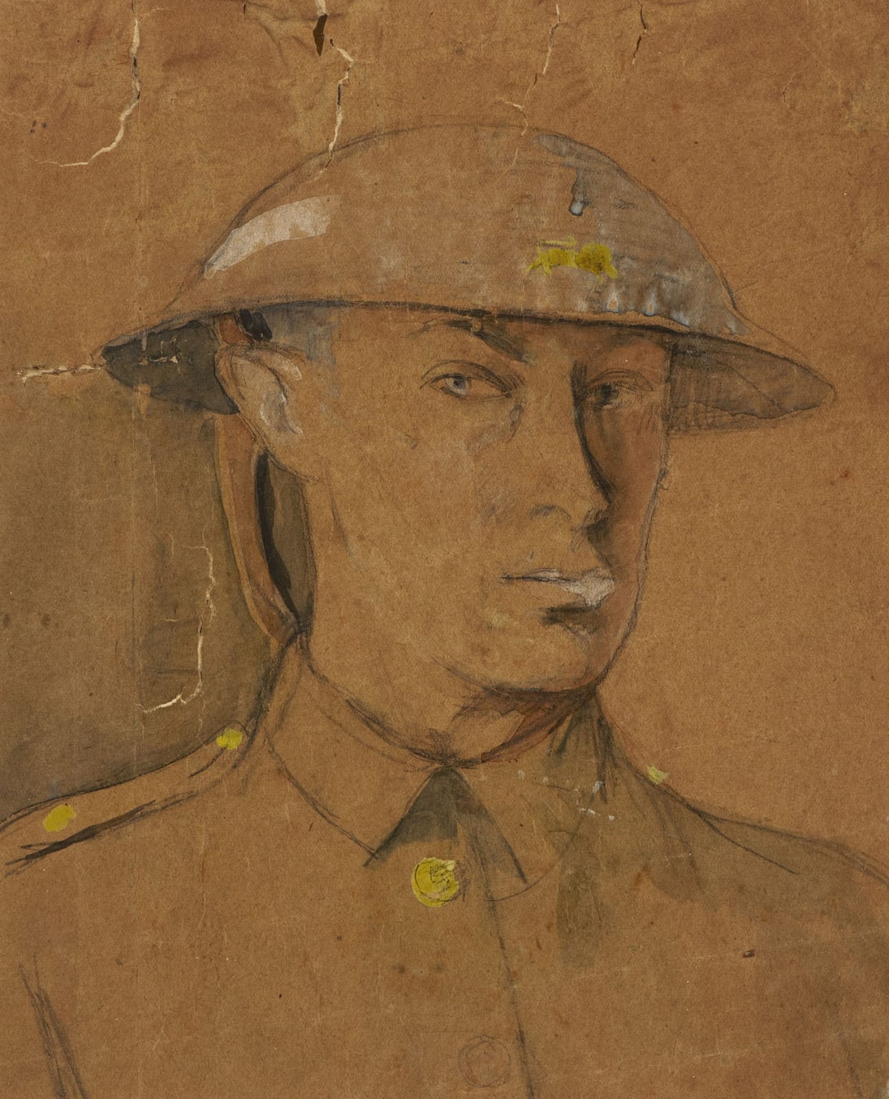 Isaac Rosenberg (1890-1918) Self Portrait in Steel Helmet 1916 Black chalk, gouache and wash on paper 22.4 x 19.6 cm Ben Uri Collection To see and discover more about this artist click here