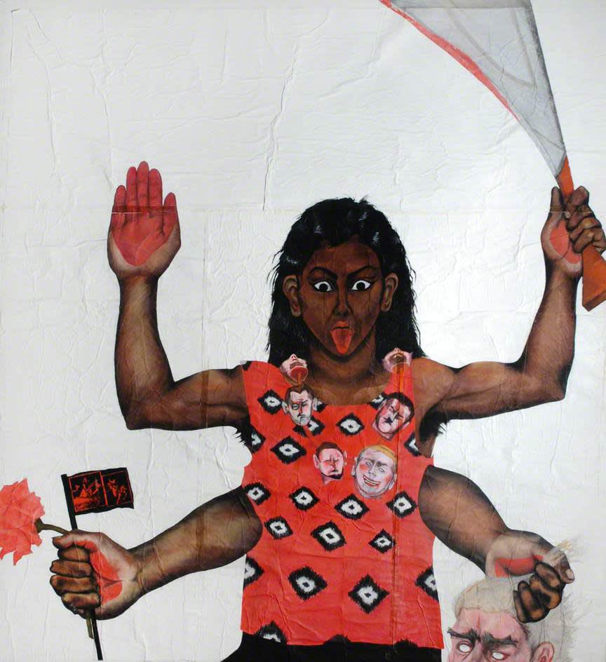 Sutapa Biswas (1962-) Housewives with Steak-knives 1985 Oil, acrylic, pastel, pencil, white tape, collage on paper mounted onto canvas 245 x 222 cm Bradford Museums and Galleries © Sutapa Biswas. All rights reserved, DACS 2020