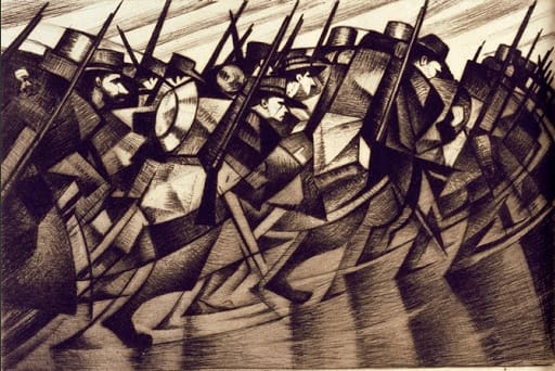 C R W Nevinson (1889-1946) Returning to the Trenches 1916 Dry point etching 15.1 × 20.2 cm On loan from the British Museum, London © The Estate of C.R.W. Nevinson / Bridgeman Art Library