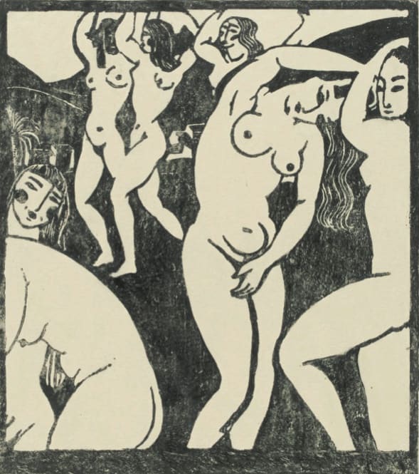 Paule Vézelay (1892-1984) Bathers 1923 Linocut on paper 26.7 × 23.5 cm Inscribed with title and numbered No.10 of 50 Victoria and Albert Museum © The Artist's Estate