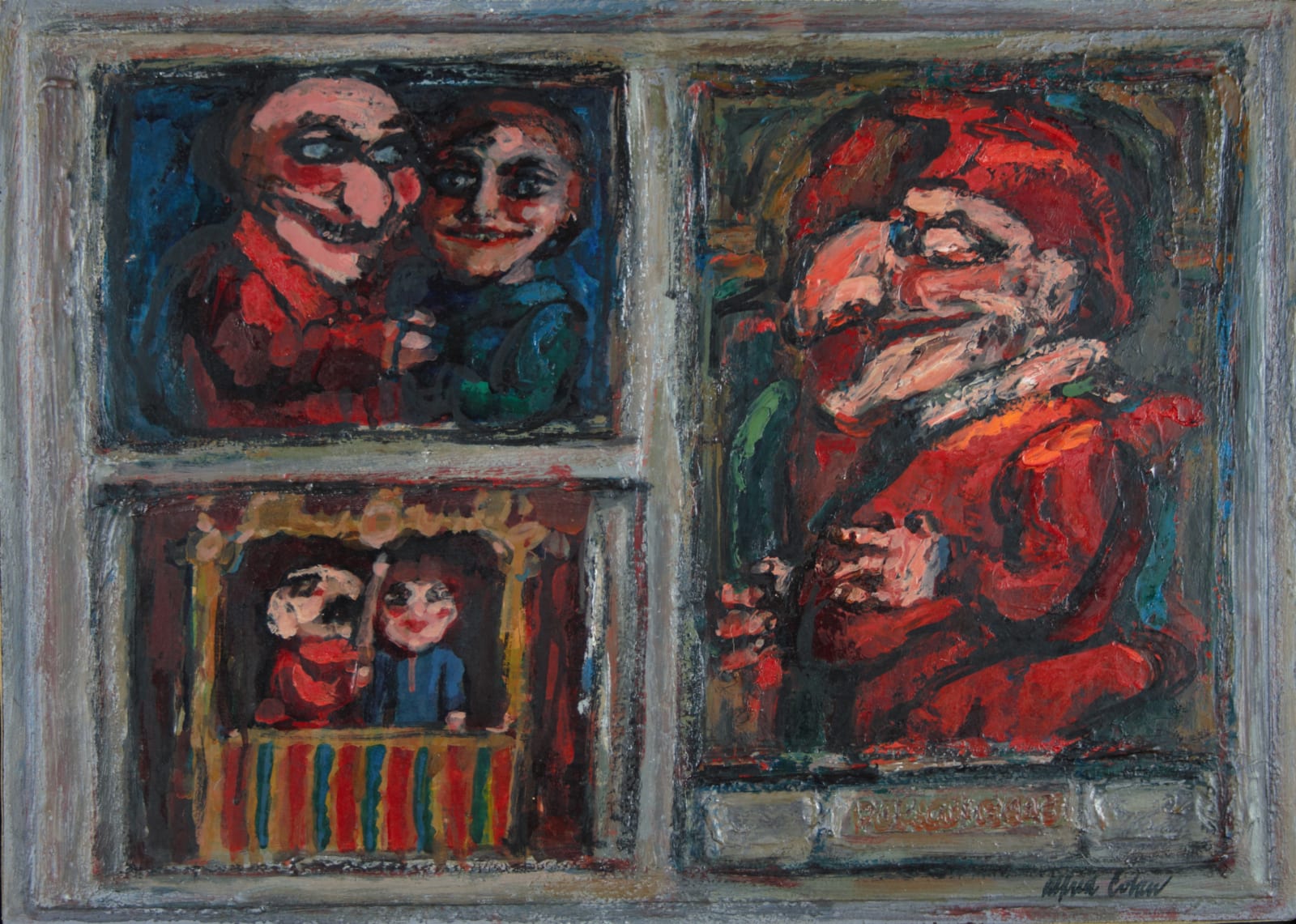 Alfred Cohen (1920-2001) Punch and Judy 1963 Oil on board 45.7 x 63.5 cm Private Collection © Estate of Alfred Cohen 2020