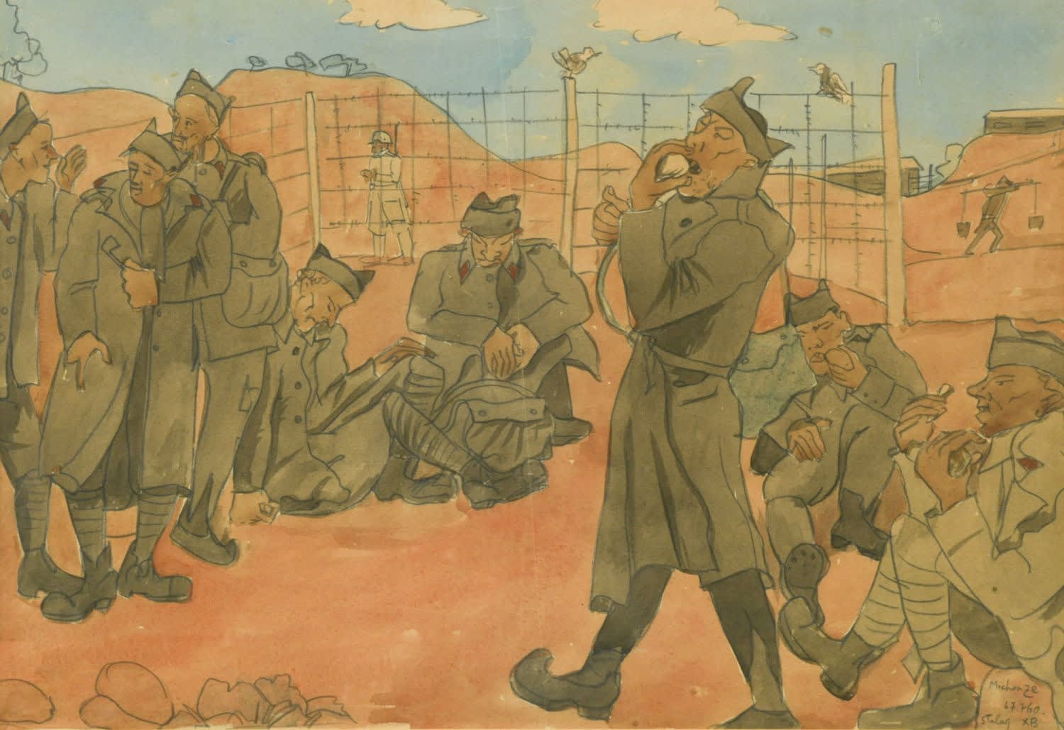 Gregoire Michonze (1902-1982) Stalag Scene c.1940-42 Watercolour on paper 28 x 38 cm Ben Uri Collection To see and discover more about this artist click here