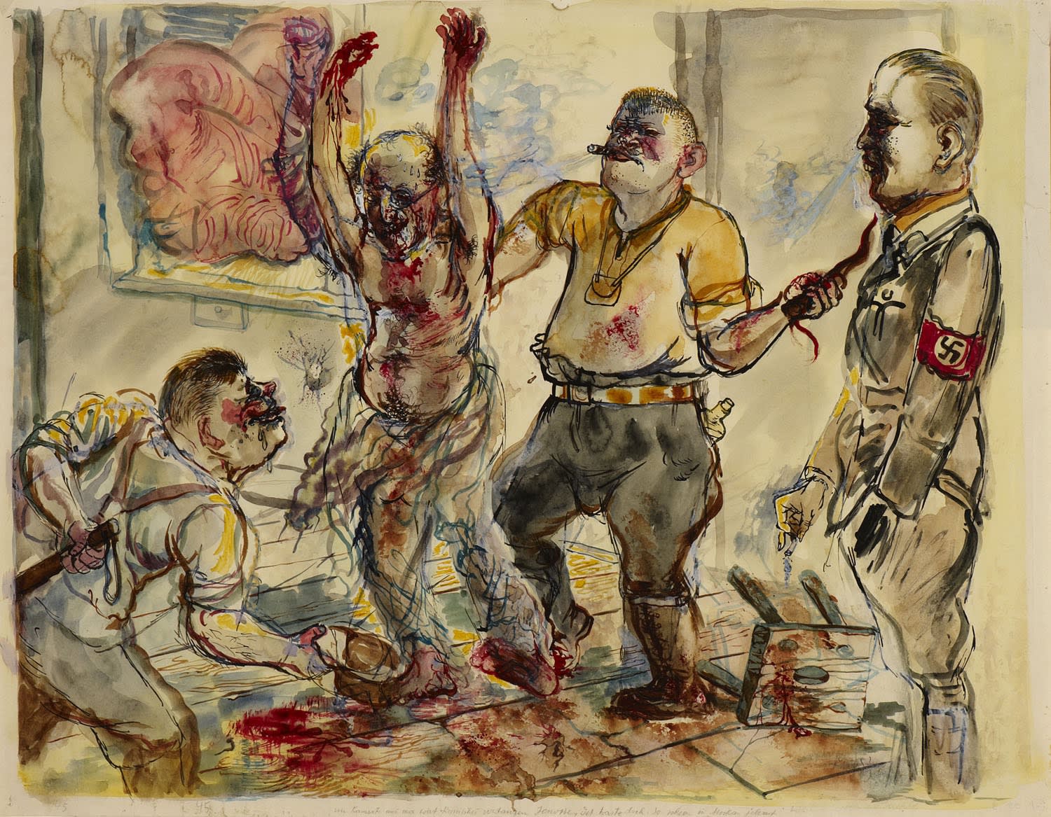 George Grosz (1893-1959) Interrogation 1938 Watercolour and ink on paper 46 x 59 cm Ben Uri Collection © George Grosz estate Acquired in 2010 with the assistance of Art Fund, the MLA/V&A Purchase Grant Fund, Sir Michael and Lady Morven Heller, Judit and George Weisz, Agnes and Edward Lee, and The Montgomery Gallery, San Francisco