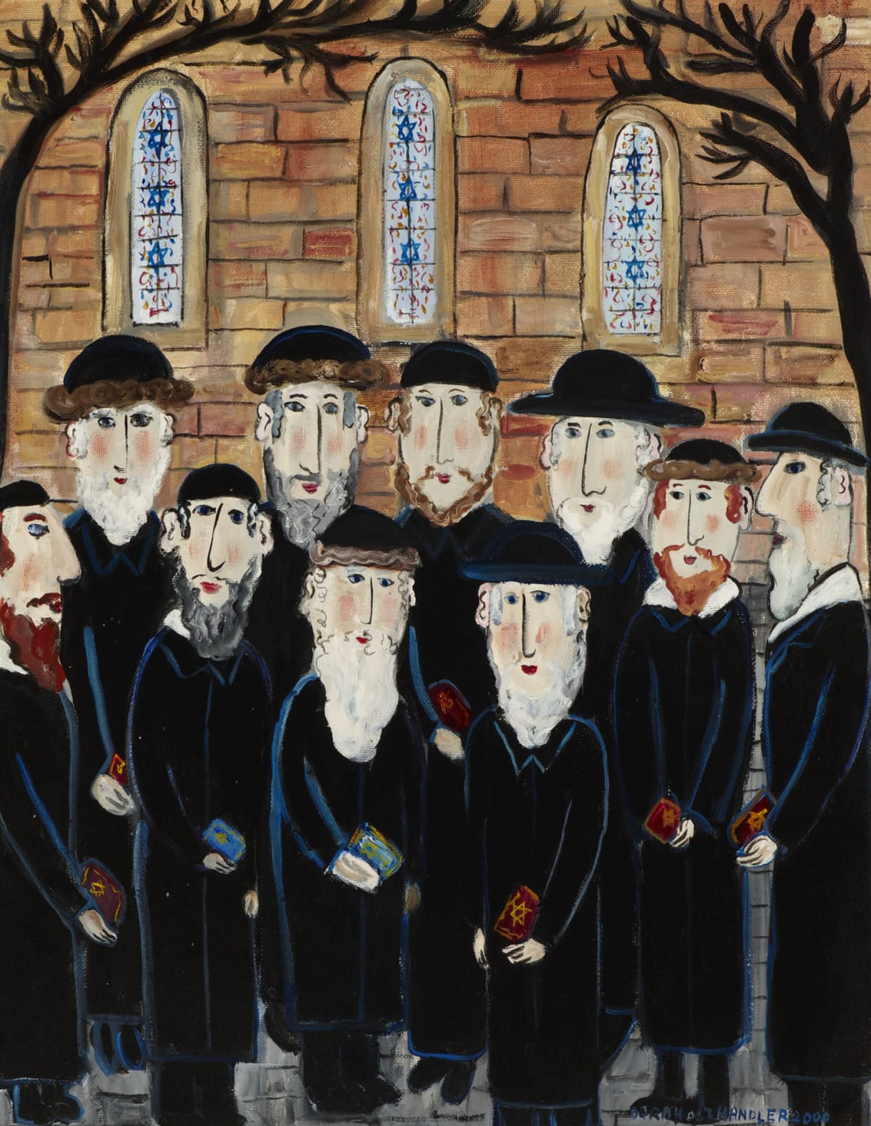 Dora Holzhandler (1928-2015) Group of Jews: The Minyan 2000 Oil on canvas 49 x 39 cm Ben Uri Collection © Dora Holzhandler Presented by Joan Hurst 2009 through the good offices of Art Fund