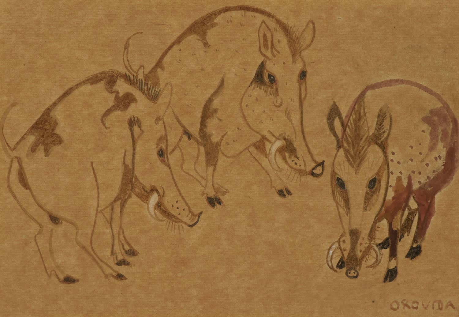 Orovida Pissarro (1893-1968) Warthogs c.1930 Watercolour, pen and ink on paper 12.5 x 18 cm Ben Uri Collection © Orovida Pissarro estate Bequest from James Colyer-Fergusson 2005 through the good offices of Art Fund