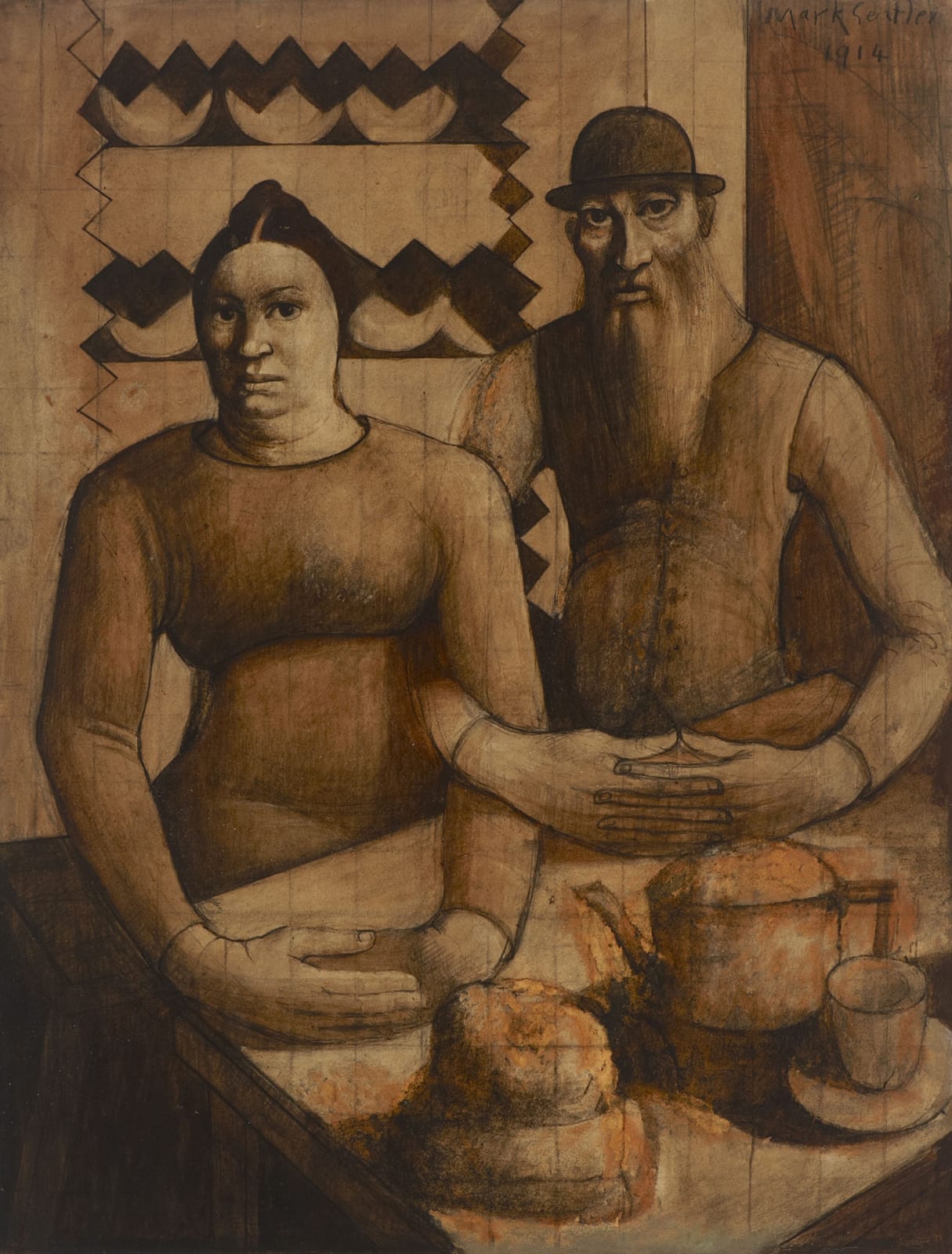 Mark Gertler (1891-1939) Rabbi and Rabbitzin 1914 Watercolour and pencil on paper 48.8 x 37.6 cm Ben Uri Collection Acquired in 2002 by private treaty through Sotheby's with the assistance of Art Fund, HLF, V&A/MLA Purchase Grant Fund, Pauline and Daniel Auerbach, Sir Michael and Lady Heller, Agnes and Edward Lee, Hannah and David Lewis, David Stern, Laura and Barry Townsley, Della and Fred Worms and anonymous donors