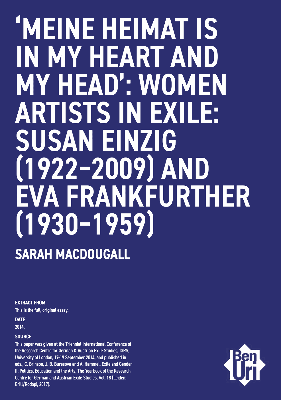 Women Artists in Exile: Einzig & Frankfurther by Sarah MacDougall Read it here