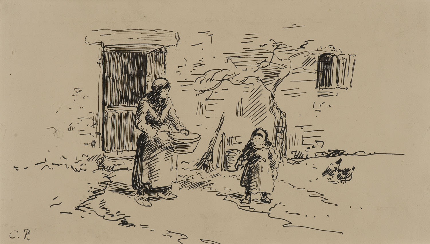 Camille Pissarro (1830-1903) Scène de ferme (Farm Scene) n.d. Pen and ink on paper 11.1 × 20 cm Ben Uri Collection To see and discover more about this artist click here