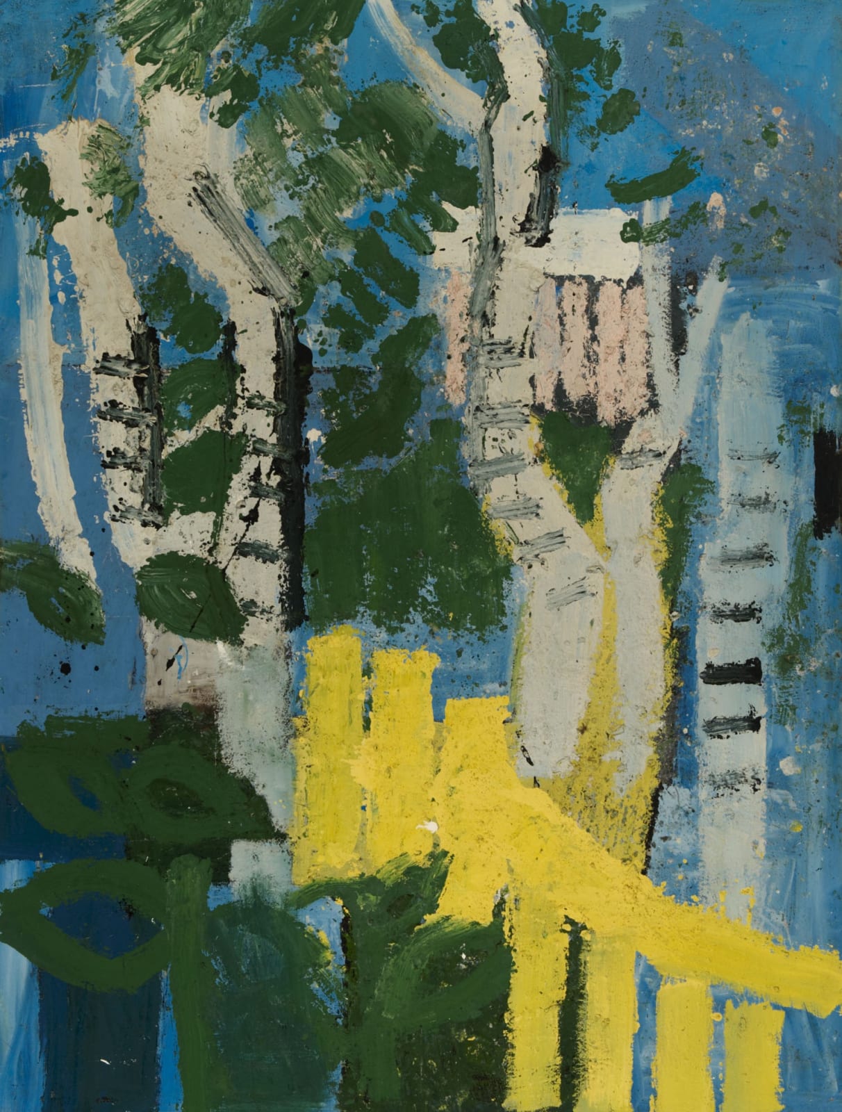 Joash Woodrow (1927-2006) White Trees and Yellow Fence 1980 Oil and household paint on board 217.5 x 165 cm Ben Uri Collection © Joash Woodrow estate To see and discover more about this artist click here