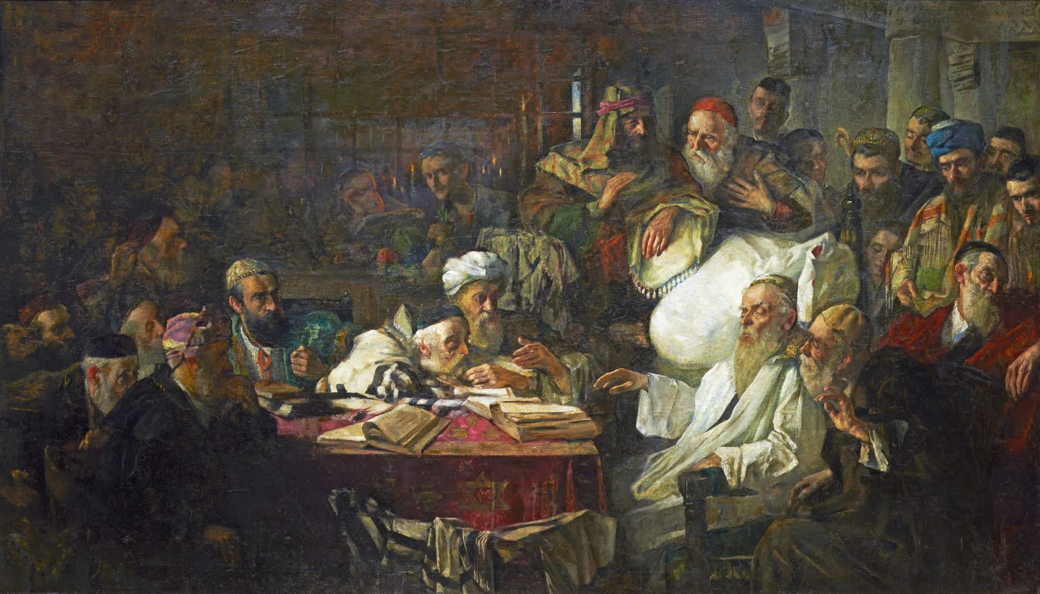 Alfred Wolmark (1877-1961) The Last Days of Rabbi ben Ezra 1905 Oil on canvas 185.5 x 318 cm On long term loan to Ben Uri Collection © Alfred Wolmark estate To see and discover more about this artist click here