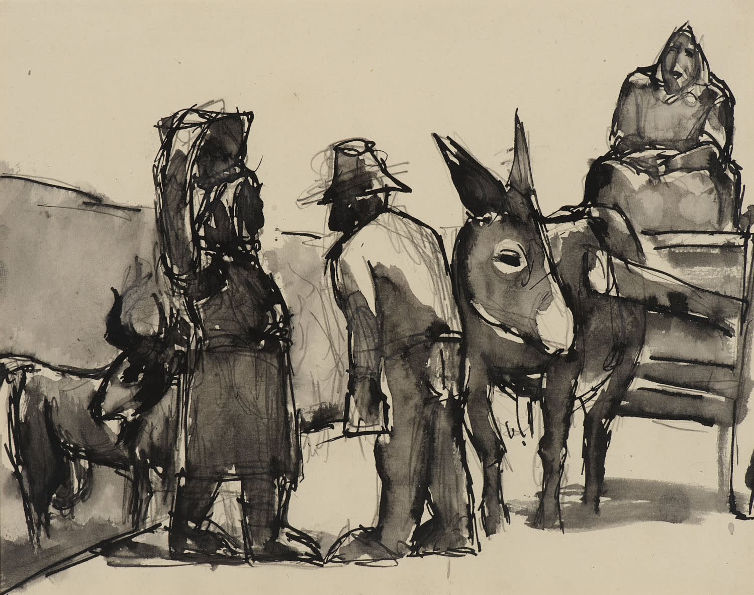 Josef Herman (1911-2000) Burgundian Peasants 1952-53 Pen and ink and grey wash on paper 19 x 24.3 cm Ben Uri Collection © Josef Herman estate To see and discover more about this artist click here