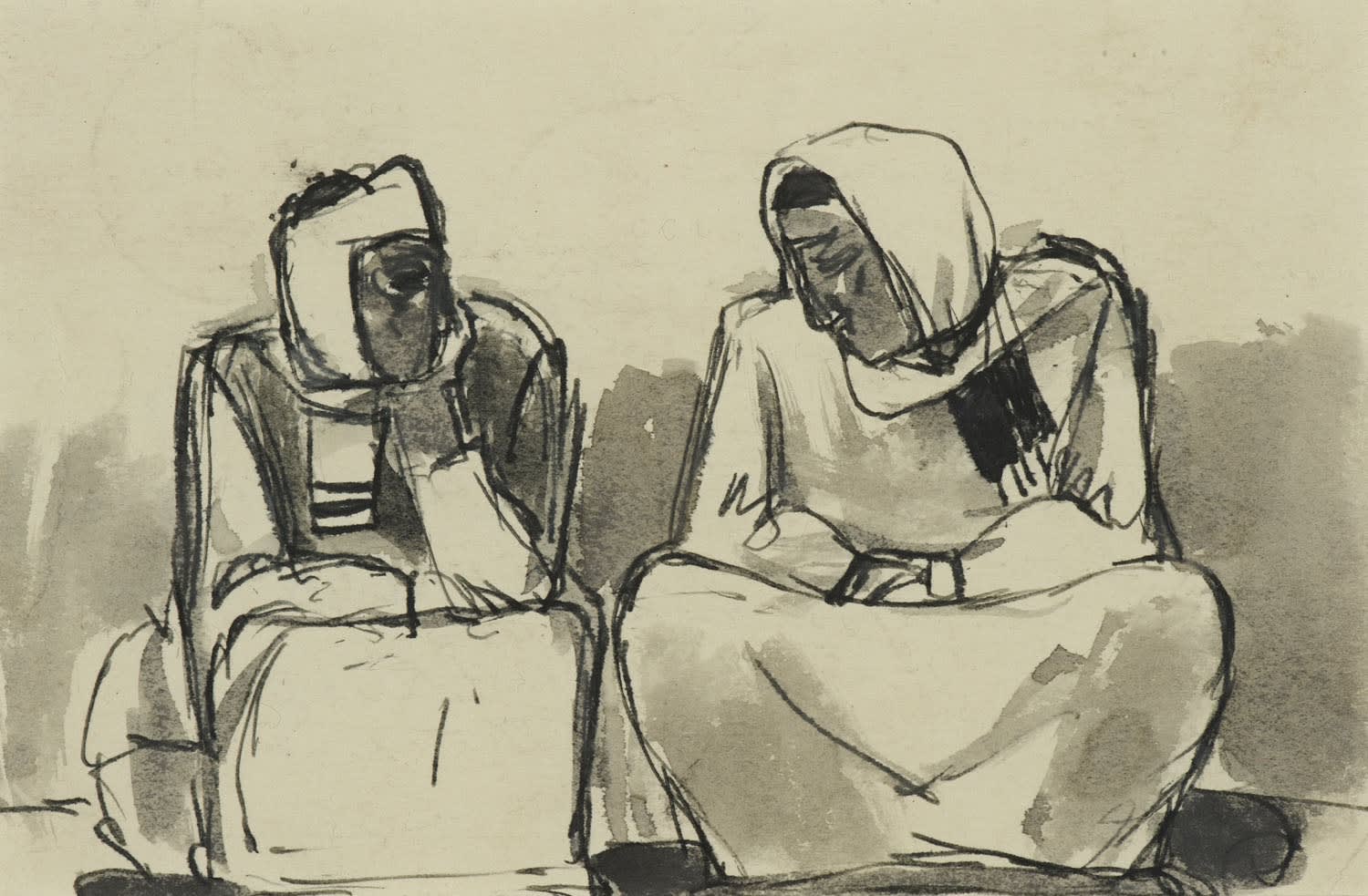 Josef Herman (1911-2000) Two Seated Figures 1952 Pen and ink and wash on paper 9.5 x 14.5 cm Ben Uri Collection © Josef Herman estate To see and discover more about this artist click here