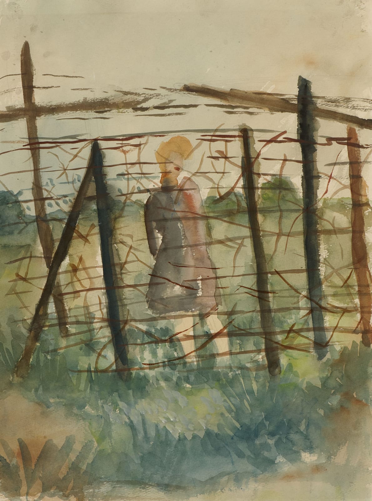Alfred Lomnitz (1892-1953) Girl Behind Barbed Wire n.d. Watercolour paper 36.5 x 27 cm Ben Uri Collection © Alfred Lomnitz estate