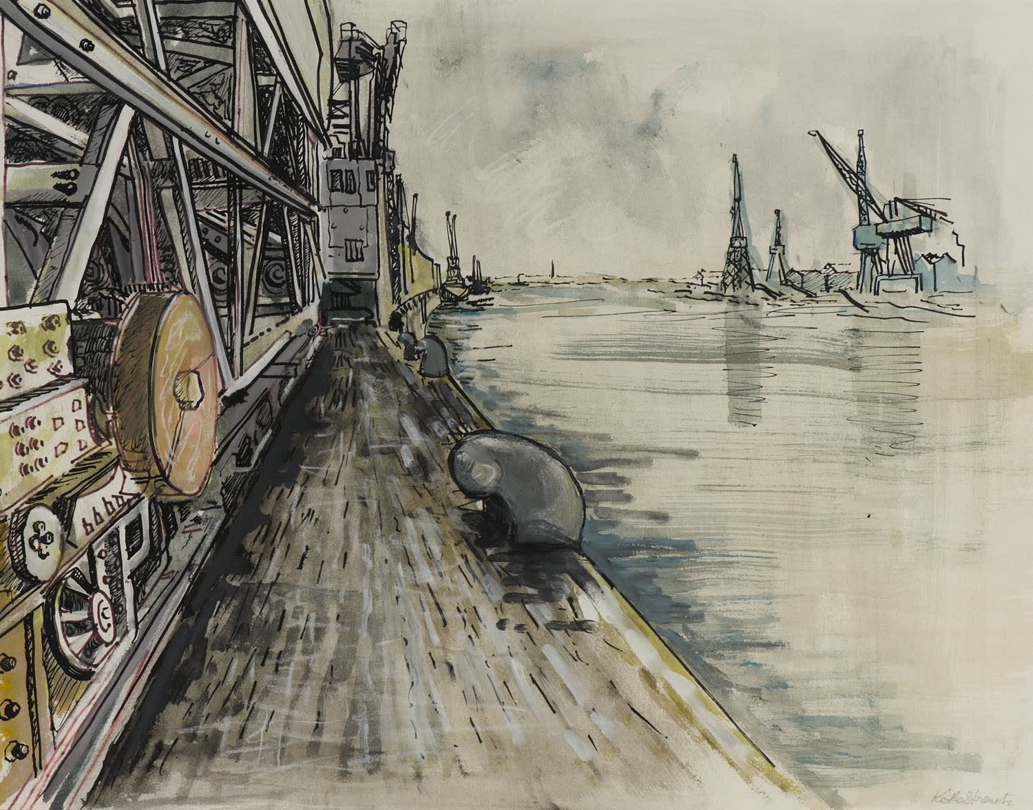 Käthe Strenitz (1923-2017) Dock Yards n.d. Watercolour, pastel, pencil and ink on paper 58.5 x 68.5 cm Ben Uri Collection © The estate of Kathe Strenitz To see and discover more about this artist click here