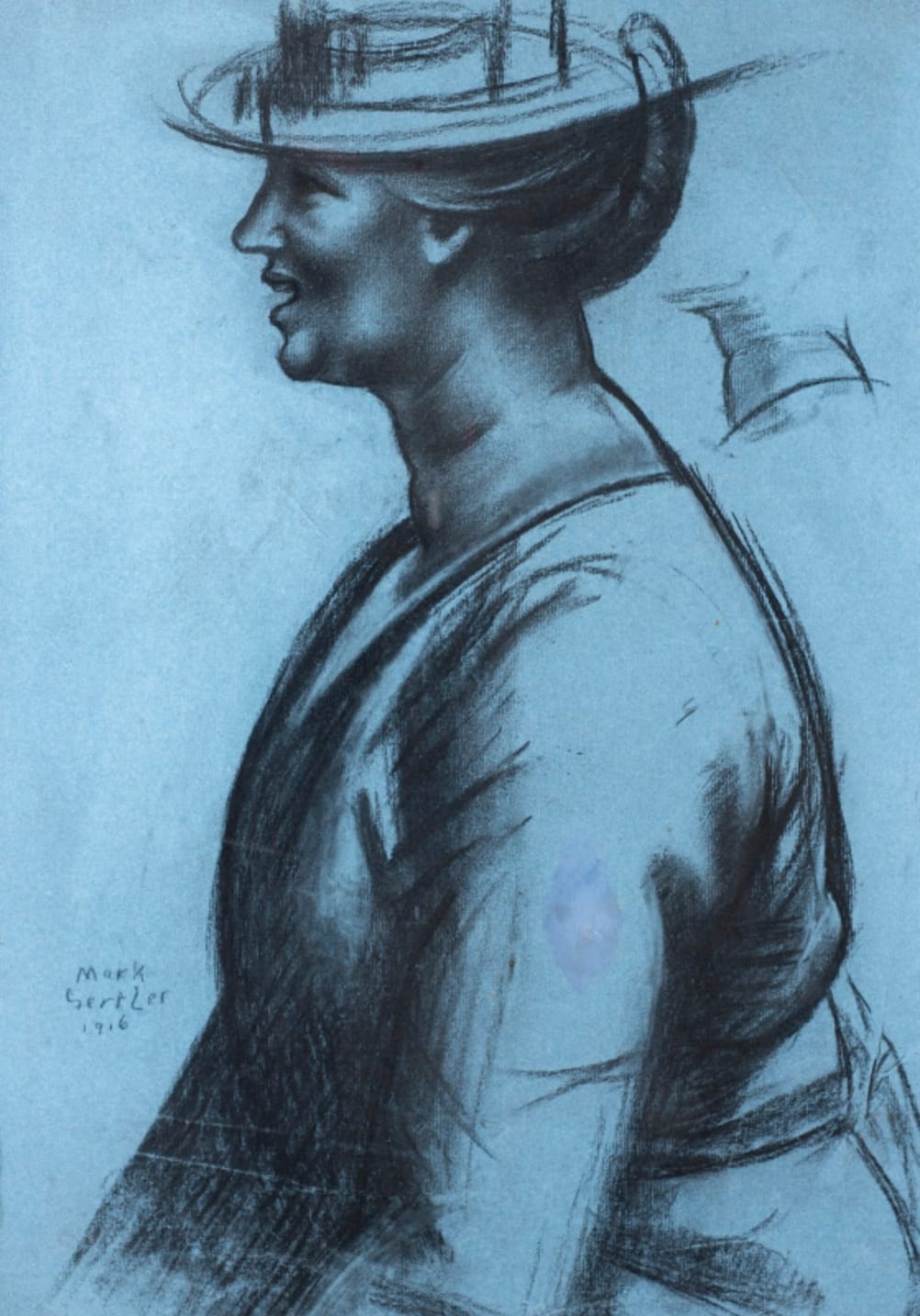 Mark Gertler (1891-1939) The Straw Hat 1916 Charcoal on blue paper 58.5 x 40.5 cm Private Collection To see and discover more about this artist click here