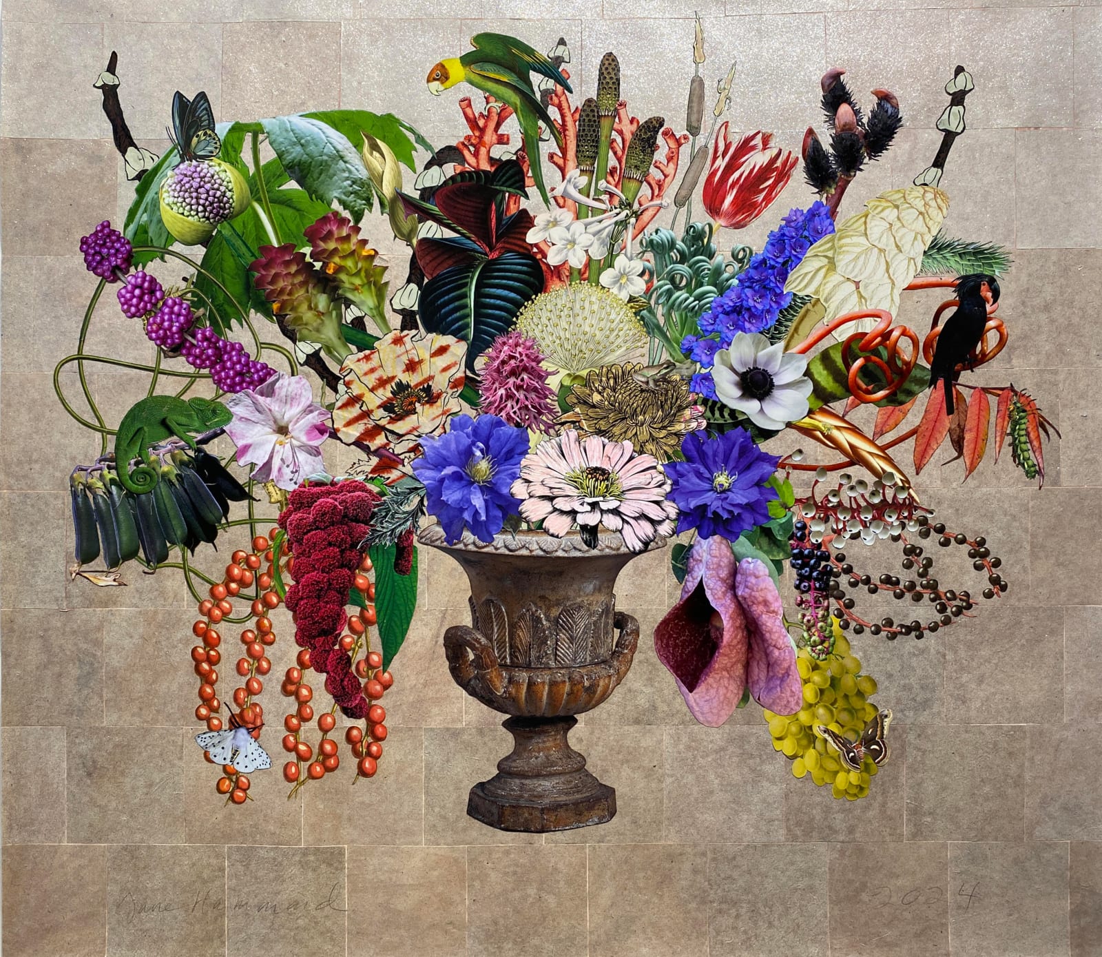 Bronze Garden Urn with Naked Man Orchid, Four O’Clock and Carolina Parakeet, 2024