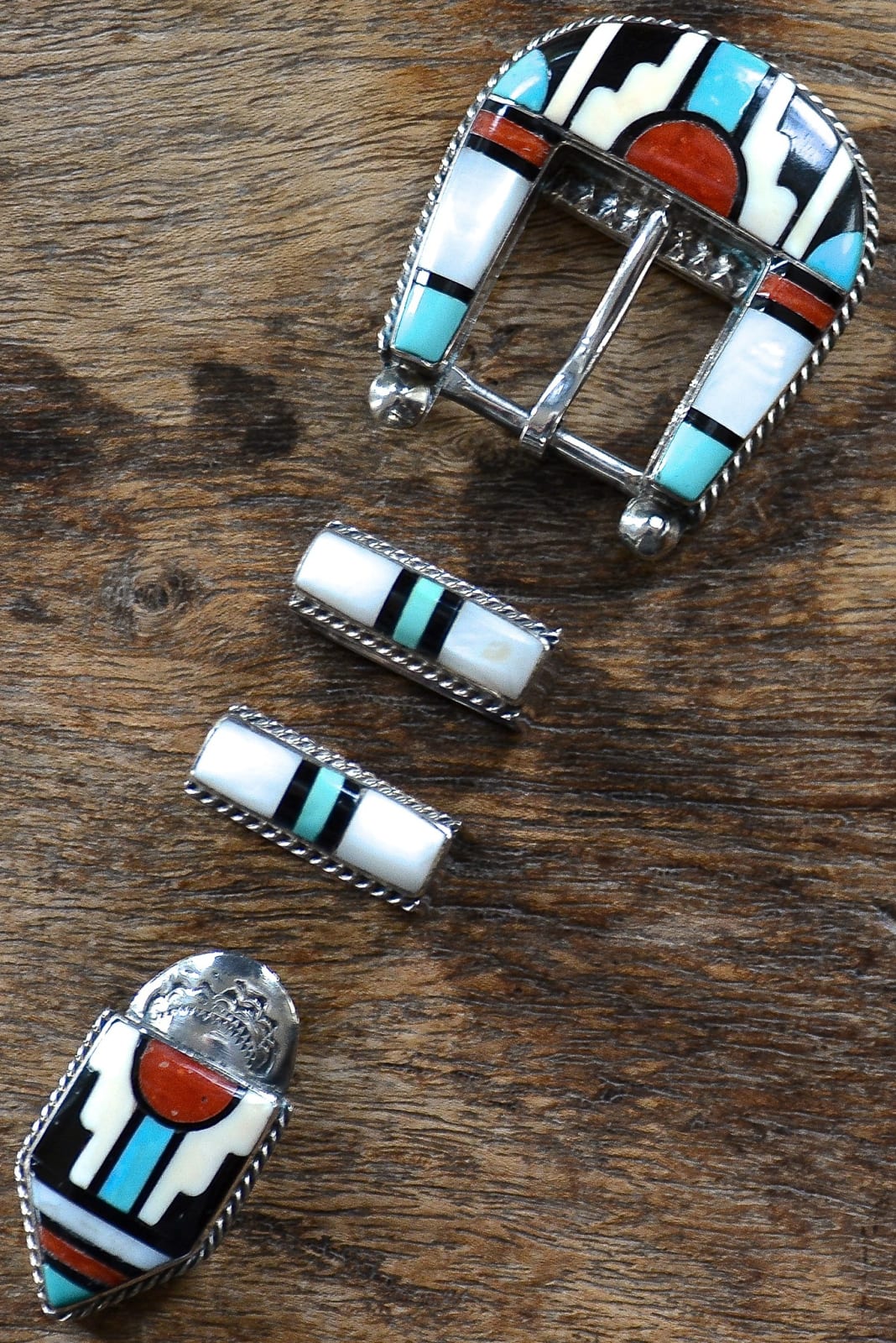 Celestine & Elizabethe Cooche, Classic Vintage Zuni Inlaid Ranger Buckle Set By Lapidary Masters Celestine & Elizabeth Cooche , c. 1970s