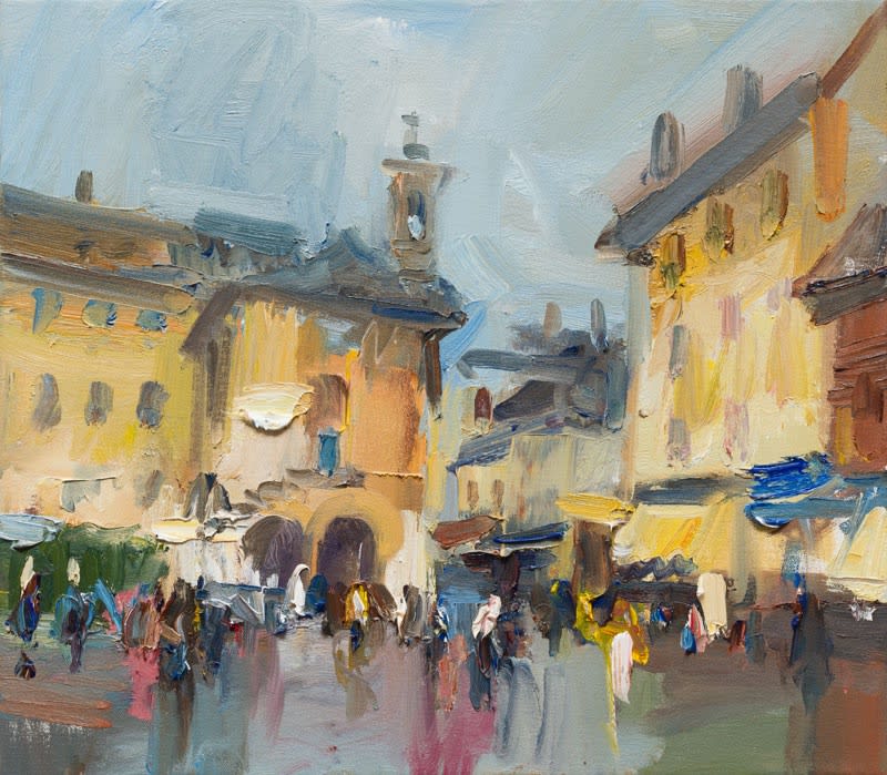 David Atkins, September Rain in the Piazza, Orta San Giulio