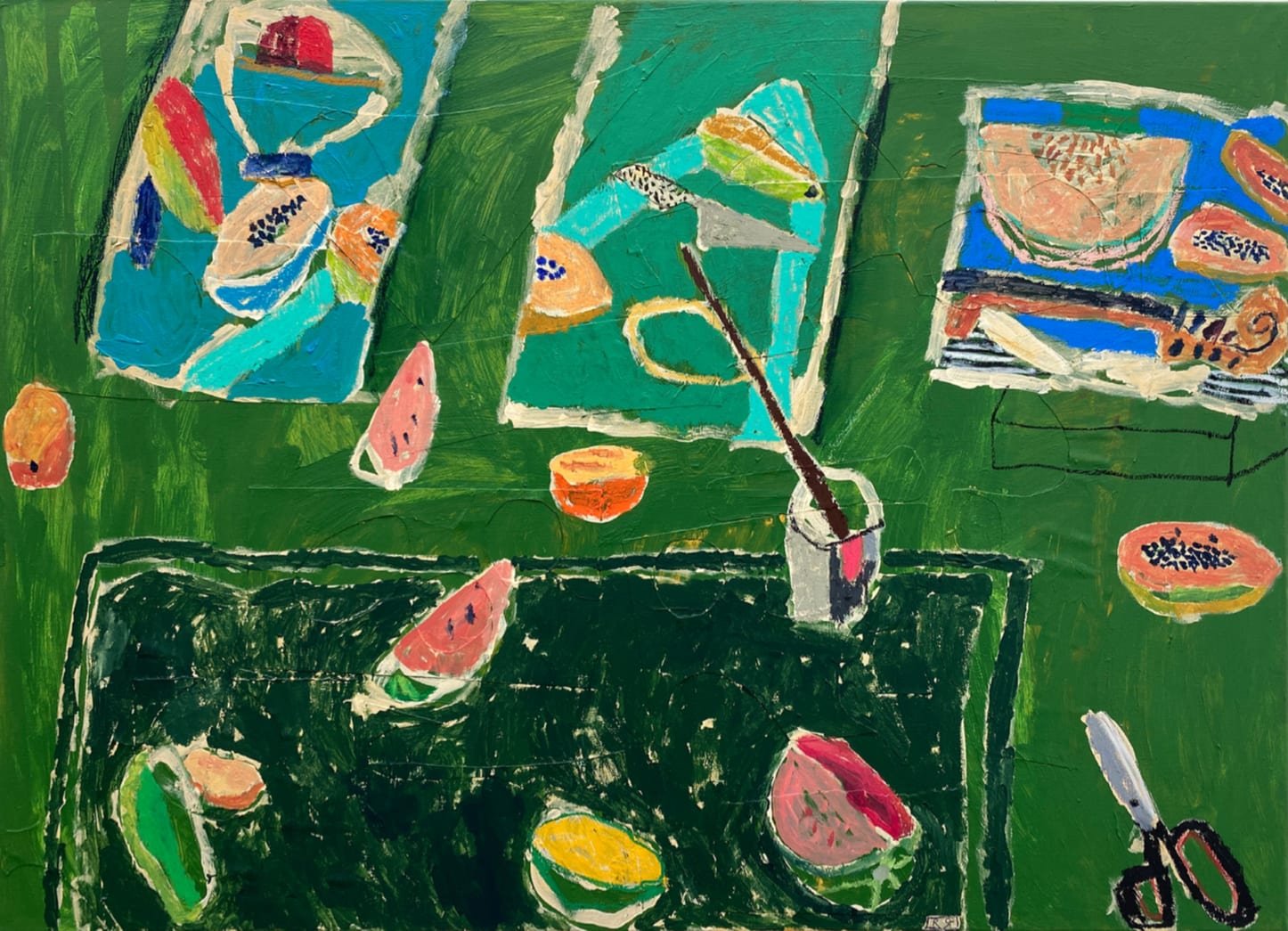 Rosa Roberts, Desk with Fruit and Still Lives Drying , 2020